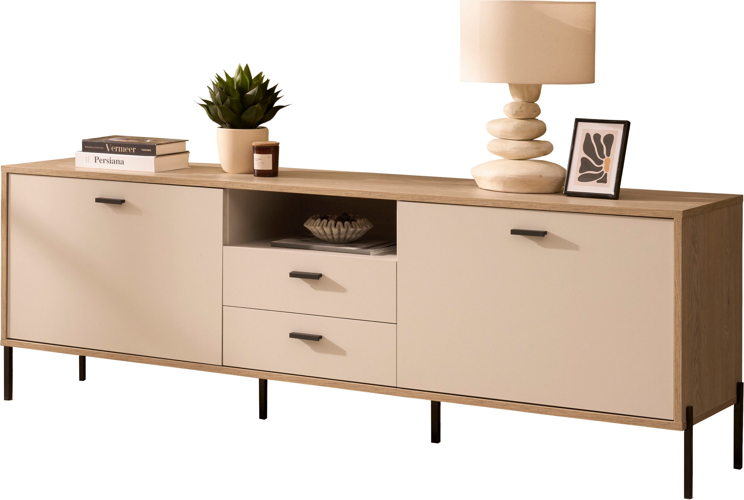 Home affaire Lowboard »Fredericia, TV-Schrank in Kaschmir, moderner TV-Unterschrank, Kommode« zeitlos, schwarze Metallgriffe und -füße, ausreichend Stauraum
