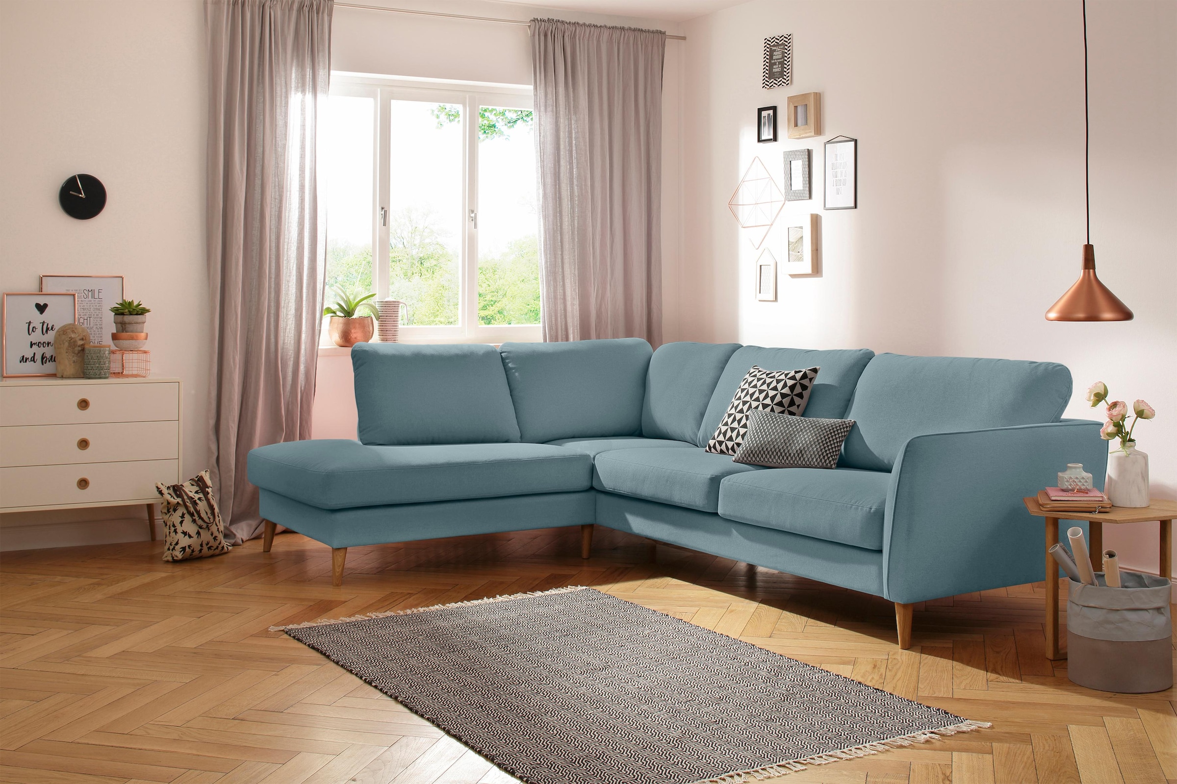 Home affaire Ecksofa »MARSEILLE 278/202 cm, L-Form, Ottom. rechts/links«, Massivholzbeine aus Eiche, in verschieden Bezügen und Farbvarianten