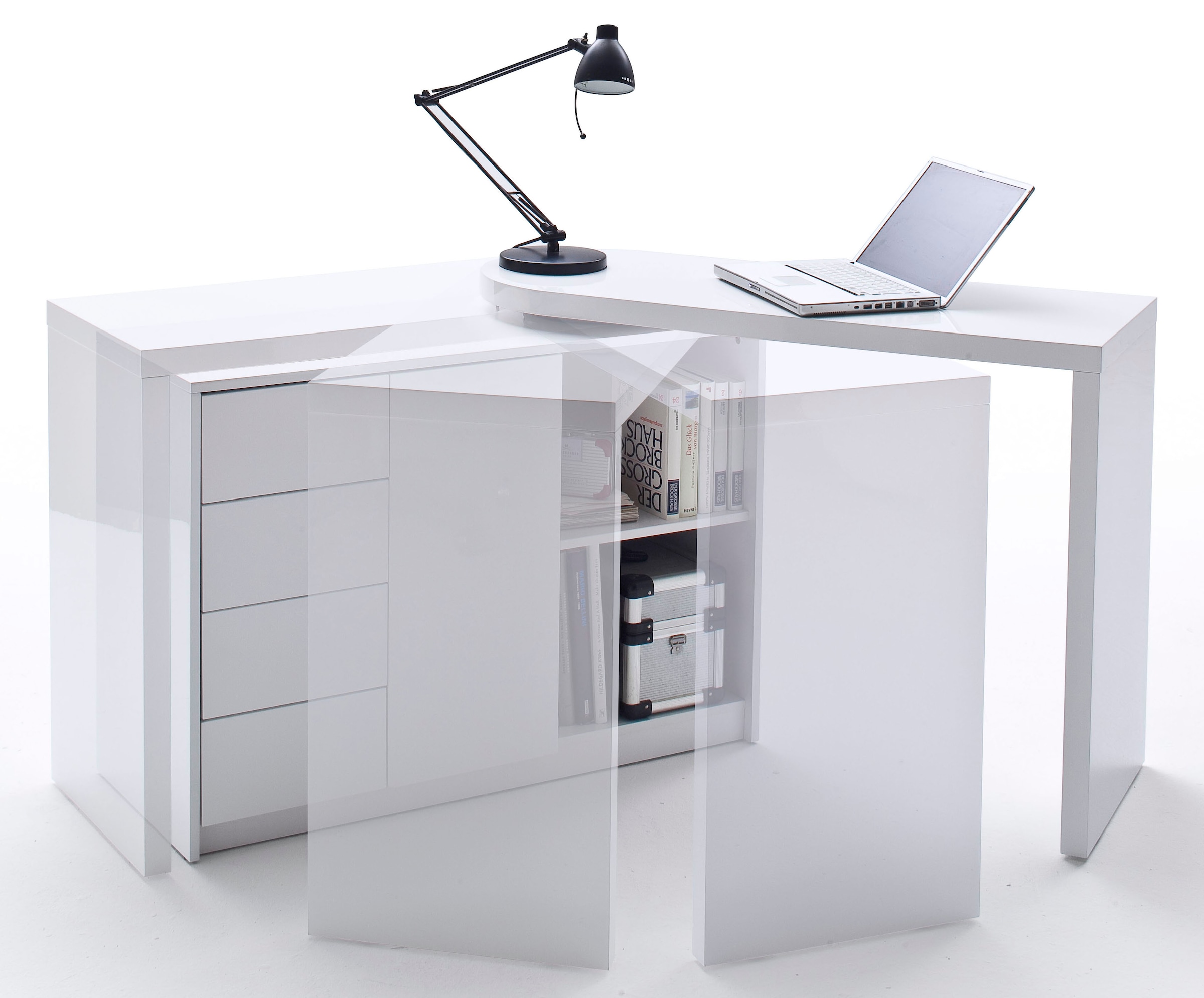 MCA Regalschrank, furniture auf »Matt«, Schreibtisch bestellen Tischplatte Schwenkbar Weiß Rechnung mit Hochglanz