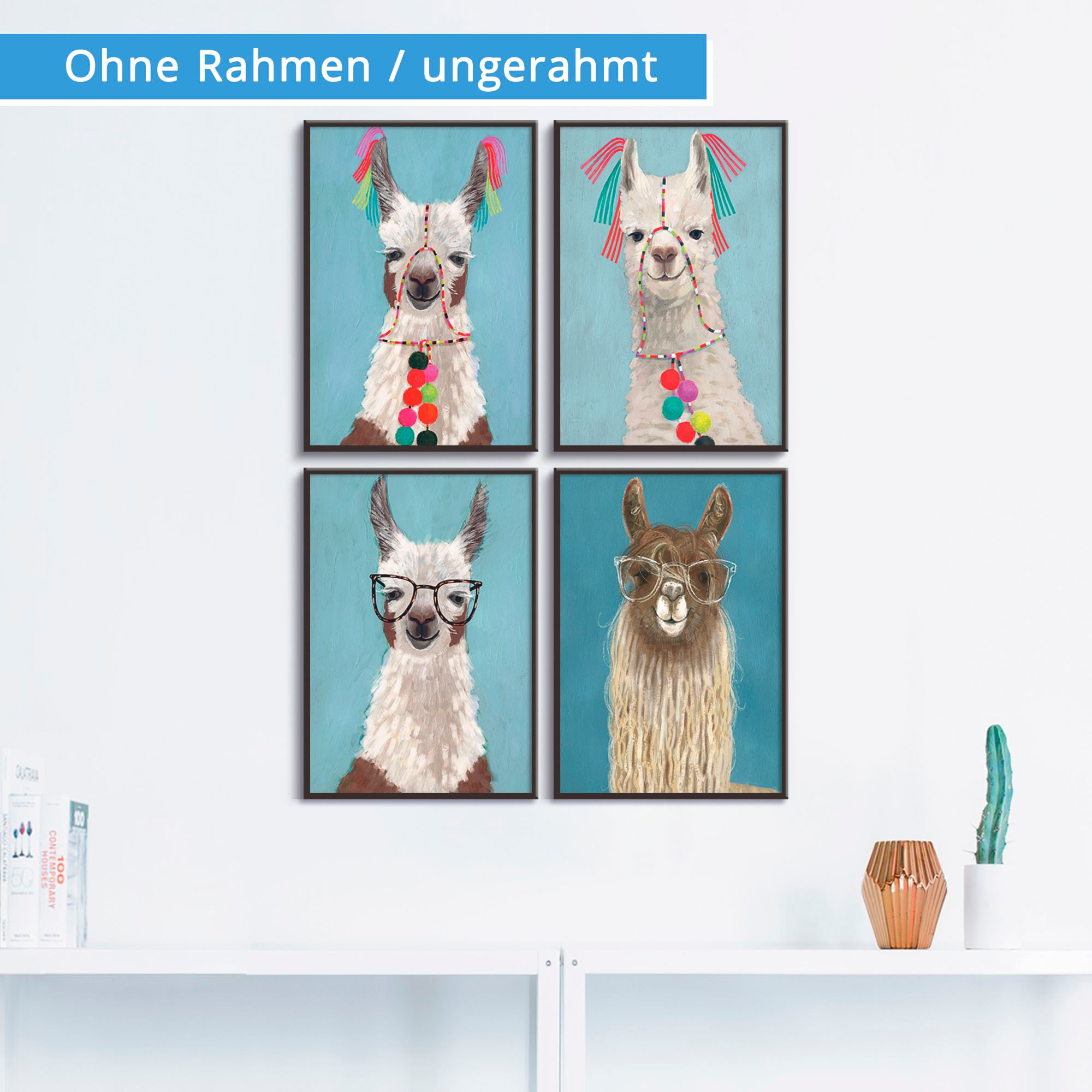 Artland Poster »Geschmückte Lamas« Wildtiere 4 Stk. tlg. Poster, Wandbild, Bild, Wandposter