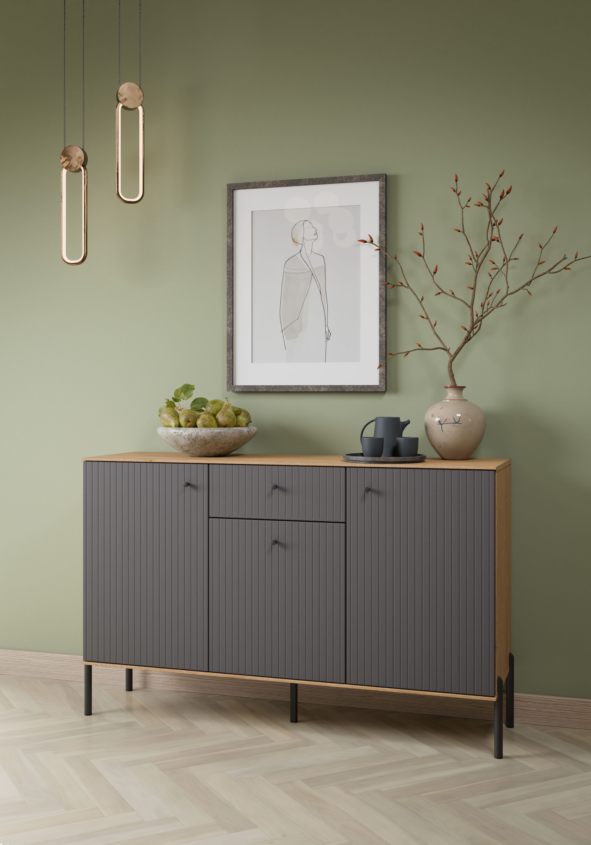 OTTO home Sideboard Sideboard, Breite 136 cm, mit geriffelten Fronten, auf Metallfüßen