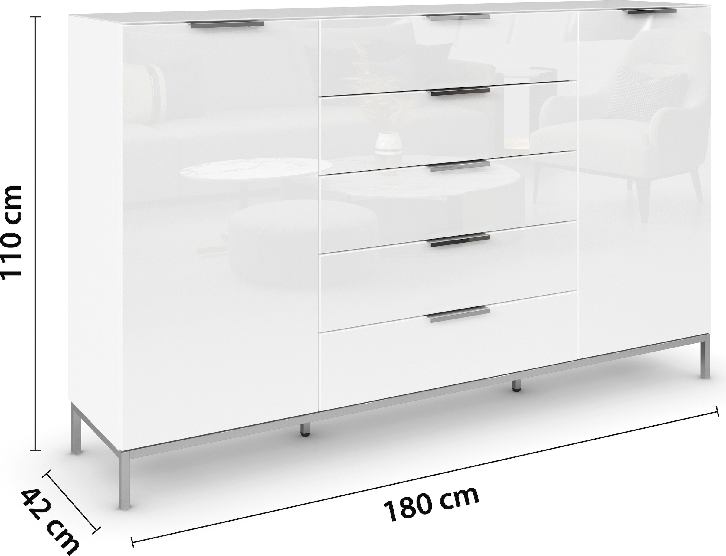 rauch Schubkastenkommode »Kommode Türkommode Sideboard Kombikommode FLIPP mit Glasfront« Breite 160/180 cm mit 4 Einlegeböden,  2-türig, 5 Schubladen, Soft-Close, Oberboden und Front Glas, 2 Breiten
