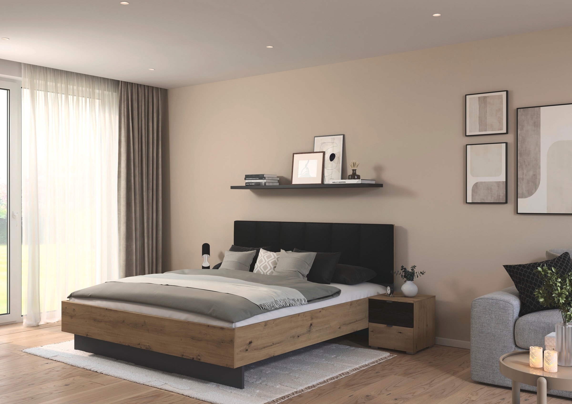 rauch Bettanlage »Bett Doppelbett Komfortbett Funktionsbett APOLLON« Liegefläche 180x200, optional mit Bettbank und Stauraum, 3 tlg. tlg. Polster-Kopfteil in Lederoptik black, 2x Nachttische MADE IN GERMANY