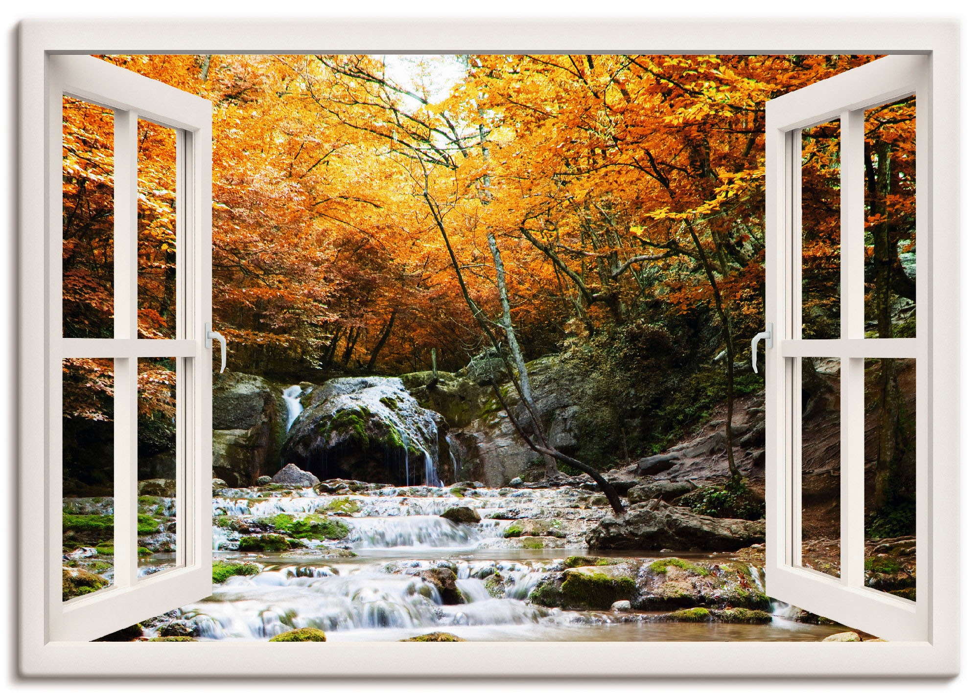 Artland Wandbild »Fensterblick - Herbstlicher Wasserfall«, Fensterblick, (1  St.), als Leinwandbild, Wandaufkleber oder Poster in versch. Größen auf  Rechnung bestellen