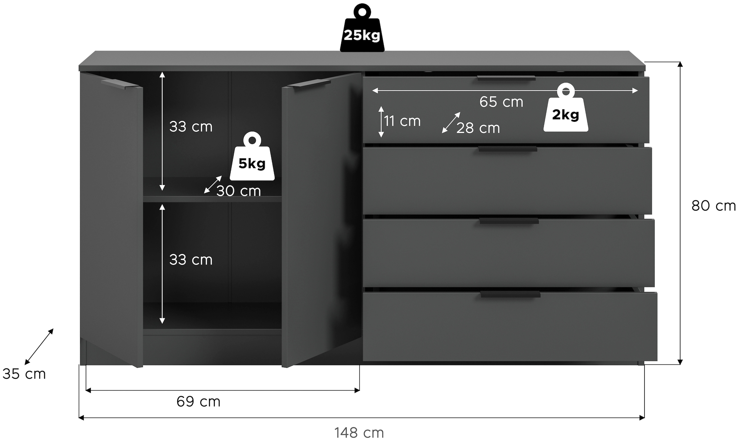 Home affaire Sideboard »SKARDE, Breite 148 cm, 4 Schubkästen, 2 Türen, viel Stauraum« in verschiedenen Farben und Breiten erhältlich, individuell einsetzbar,  Kommode, Anrichte, Schubkastenkommode, Schuhschrank, Schrank