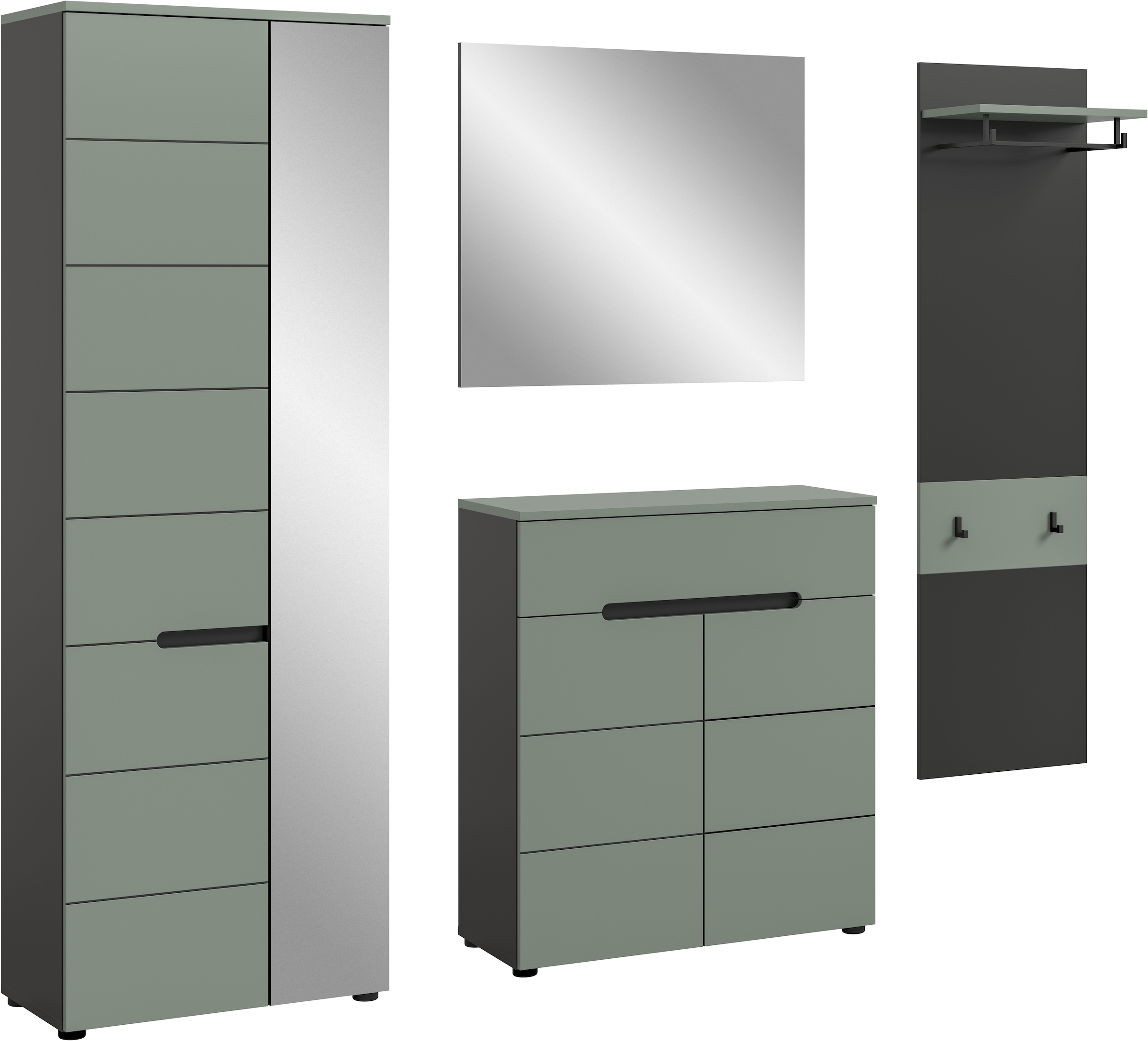 Home affaire Garderoben-Set »REHAT, TOPSELLER!, 4-teilig, Breite 220 cm, individuell erweiterbar« Set, bestehend aus: Garderobenschrank, Kommode, Spiegel & Garderobenpaneel, 4 Stk. tlg.