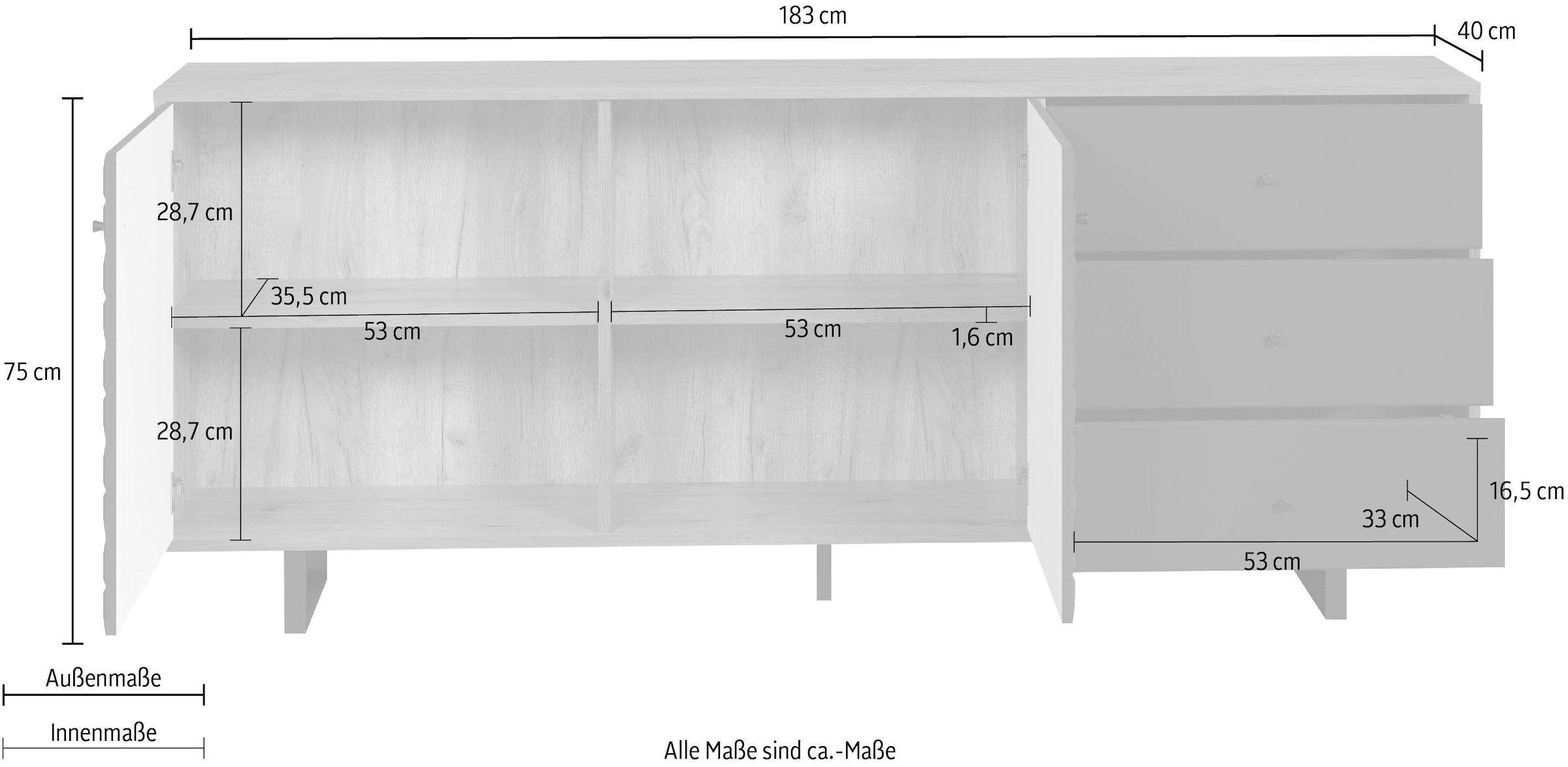 PLACES OF STYLE Sideboard »Ferretti« Wohnzimmerkommode mit besonderer Fräsung und Füße/Griffe aus Metall
