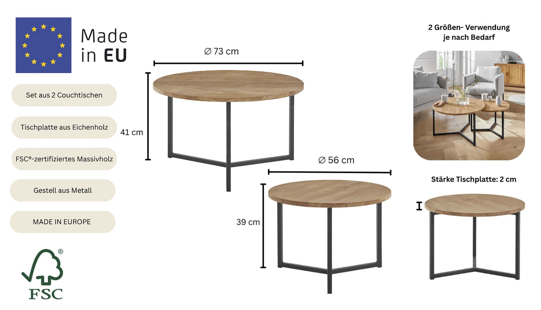 andas Couchtisch »Likta« Gesamtmaße 1 D/H: 73/41 & 2 D/H: 56/39 cm,  aus Eichenholz, FSC® zertifiziert, 2er-Set, stabiles Metallgestell