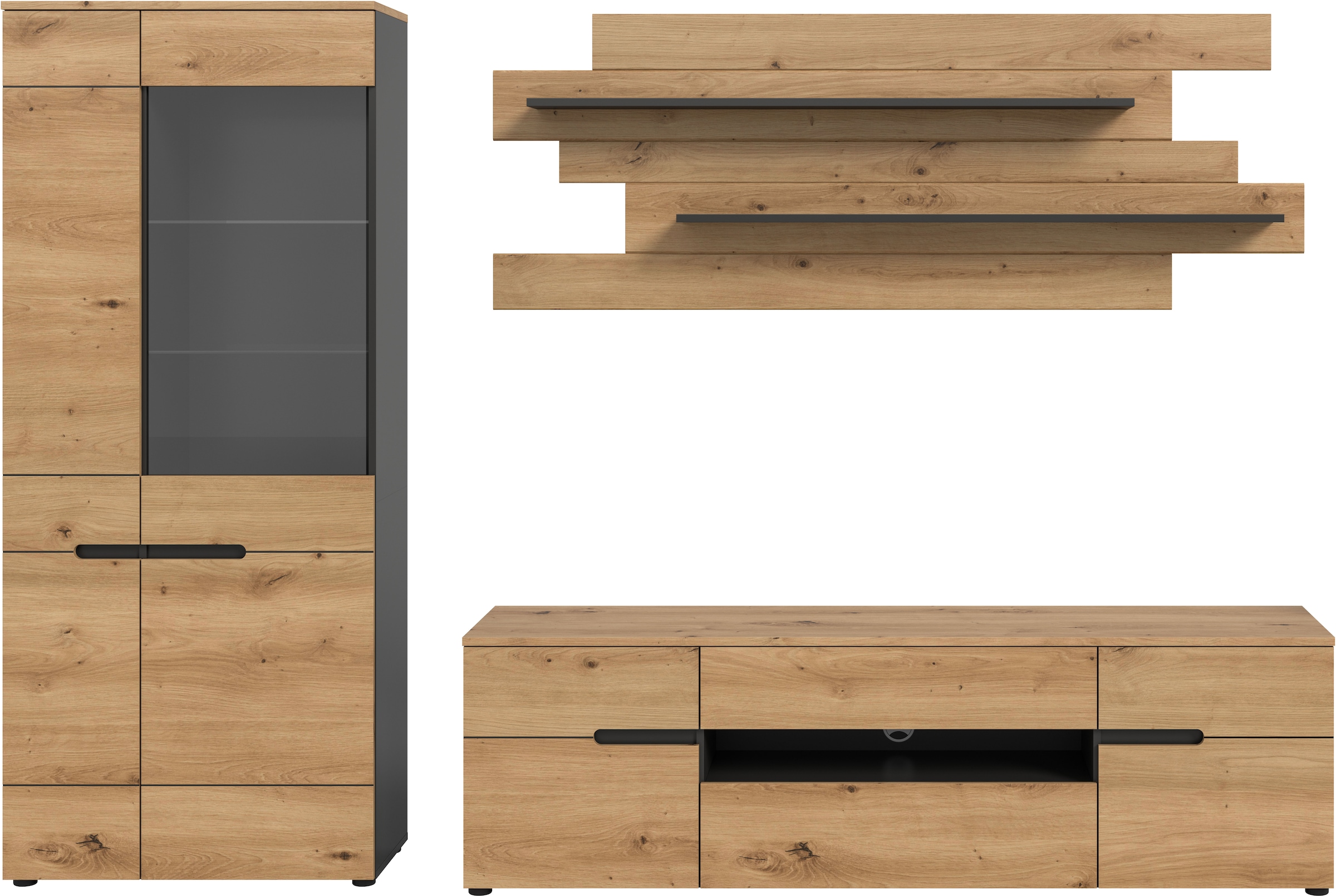 Home affaire Wohnwand »REHAT, TOPSELLER!, 3-teilig, Breite 280 cm, individuell stellbar« Set bestehend aus: Vitrine, Lowboard und Wandboard, 3 Stk. tlg.