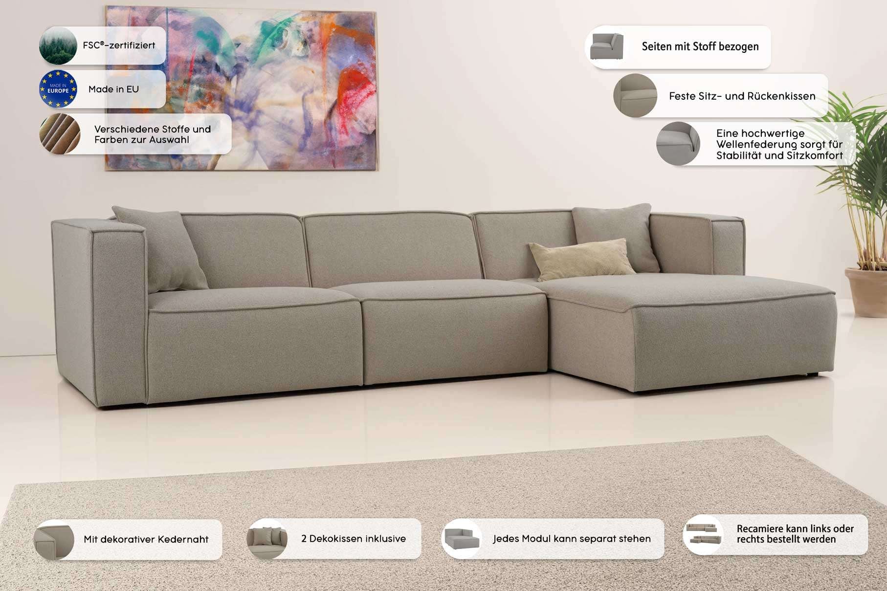 OTTO home Ecksofa »Tammie«, Breite 312 cm, Webstoff fein, bodentief, mit Wellenunterfederung