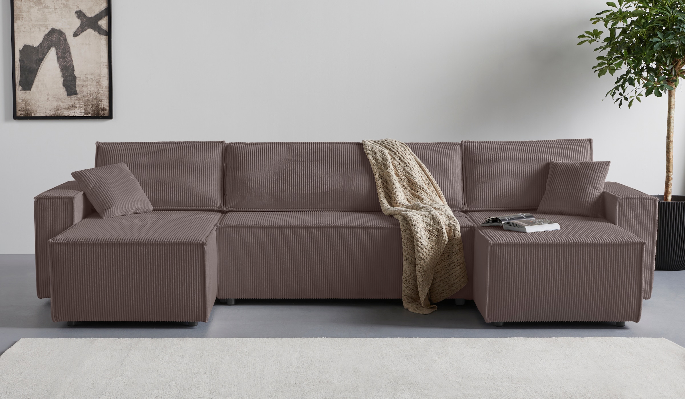 OTTO home Wohnlandschaft »Cassi, 311 cm, U-Form, Schlafsofa, Dauerschläfer, Boxspringfederung«, Schlaffunktion (133/270cm), Bettkasten, Seitentaschen, Cord-Bezug