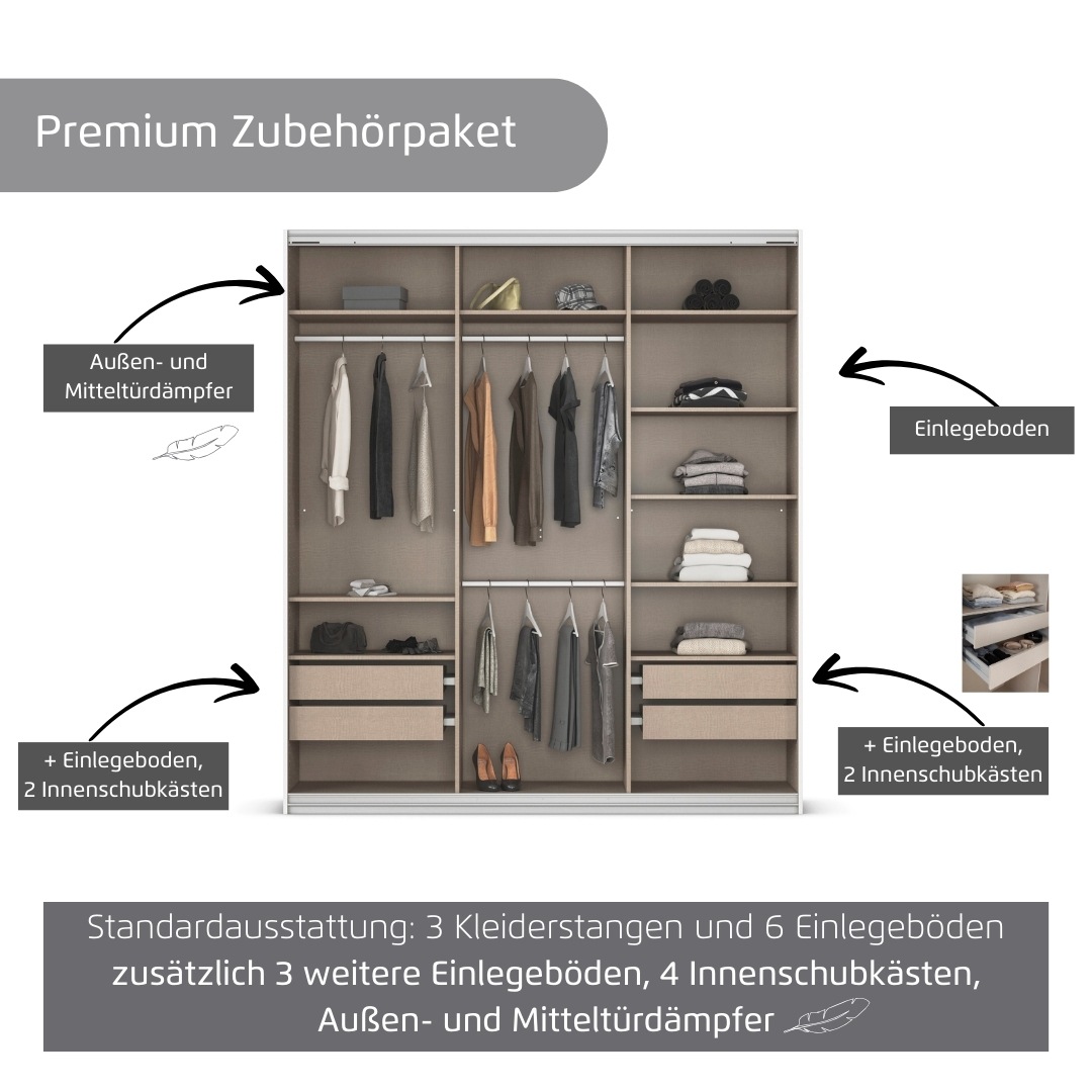 rauch Kleiderschrank »Schwebetürenschrank OTTO´s Choice Garderobe Schrank TOP ANGEBOT Avola«, (in 3 verschiedenen Ausstattungen BASIC/CLASSIC/PREMIUM inkl. Spiegel), mit eleganten Zierleisten in Chrom, Schwarz oder Weiß MADE IN GERMANY