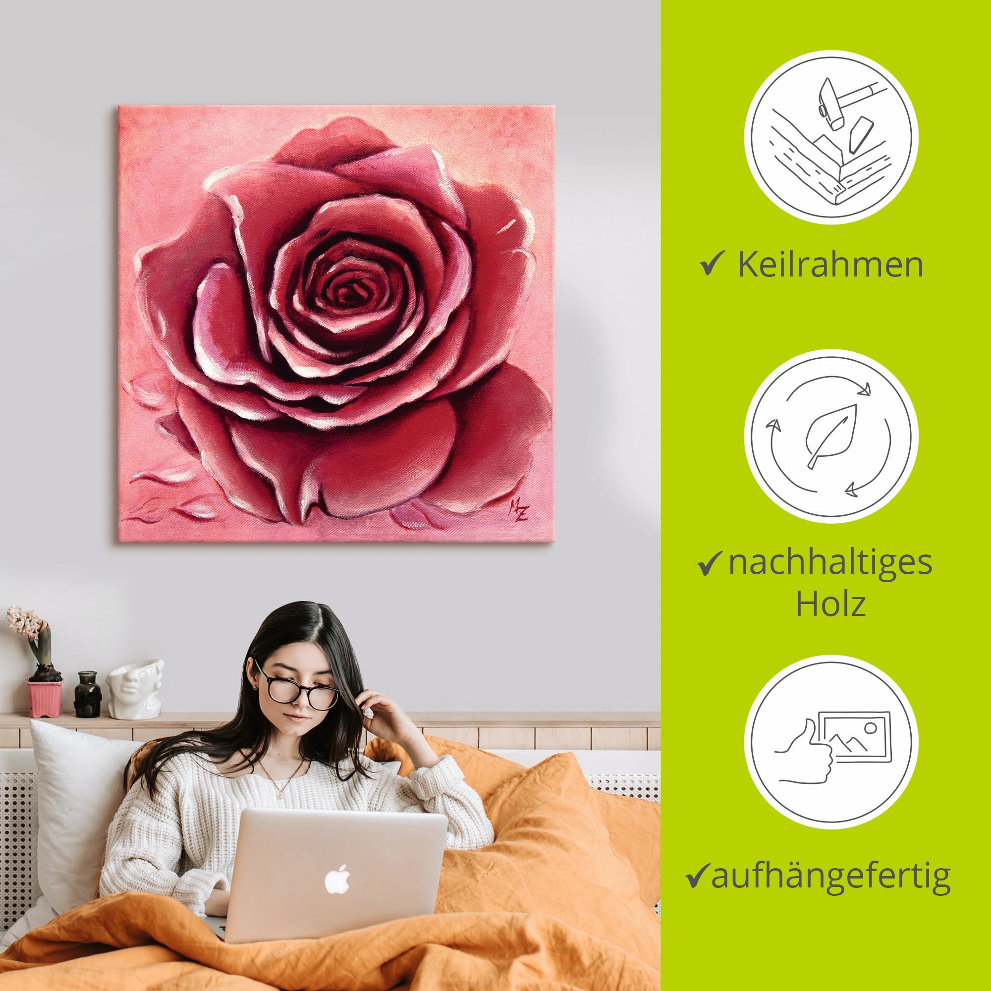 Artland Leinwandbild »Rote Rose handgemalt« Blumen 1 Stk. tlg. auf Holzrahmen gespannt