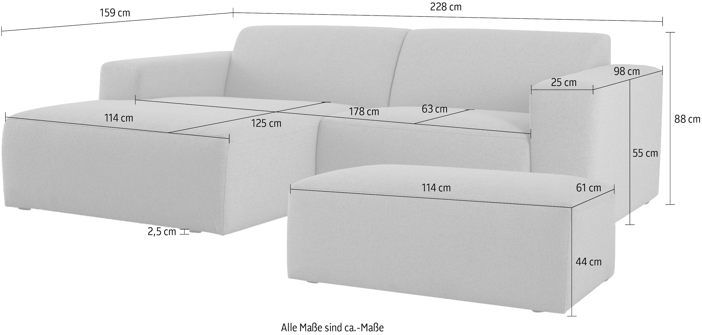 INOSIGN Ecksofa »Koa,228cm, L-Form, Modulsofa, Webstoff, Cord«, Designsofa, Set, Hocker inklusive, weicher Lounge-Sitzkomfort