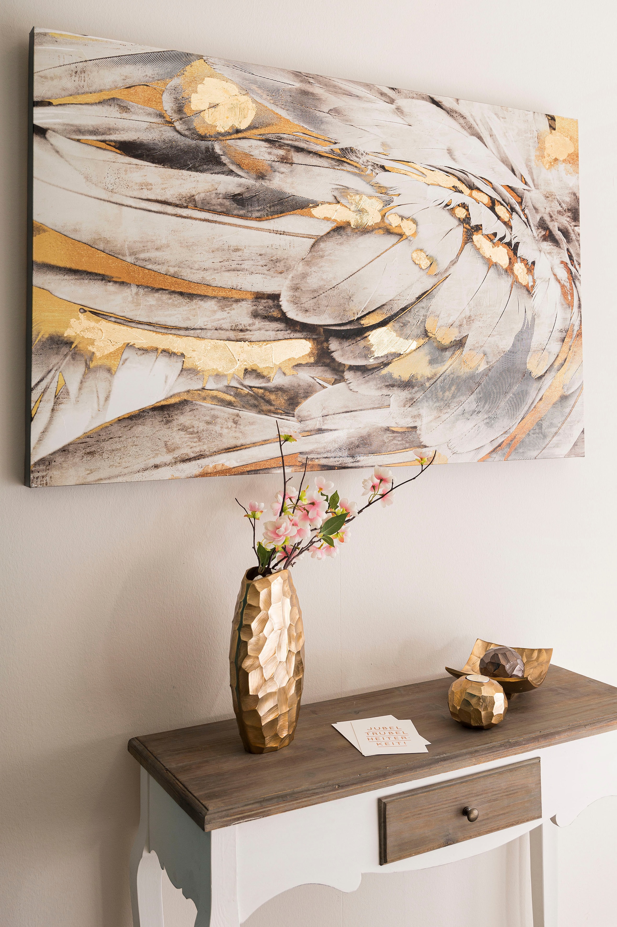 Ölbild »Gemälde Federn, weiß/goldfarben«, Bild auf Leinwand, 80x120 cm, Wohnzimmer