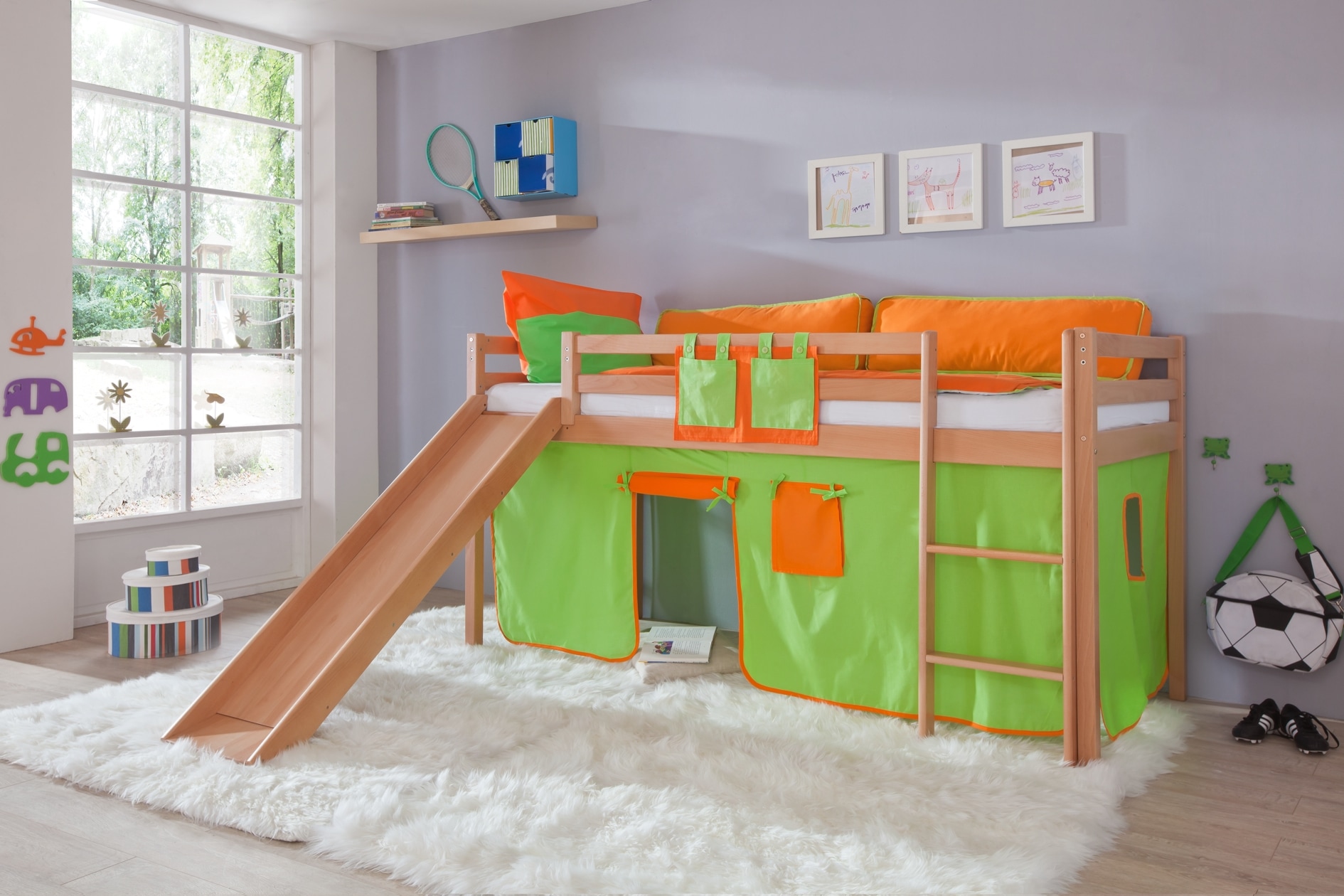 Relita Hochbett »Toby«, Buche natur lackiert mit Textil-Set, wahlweise mit Rolllattenrost