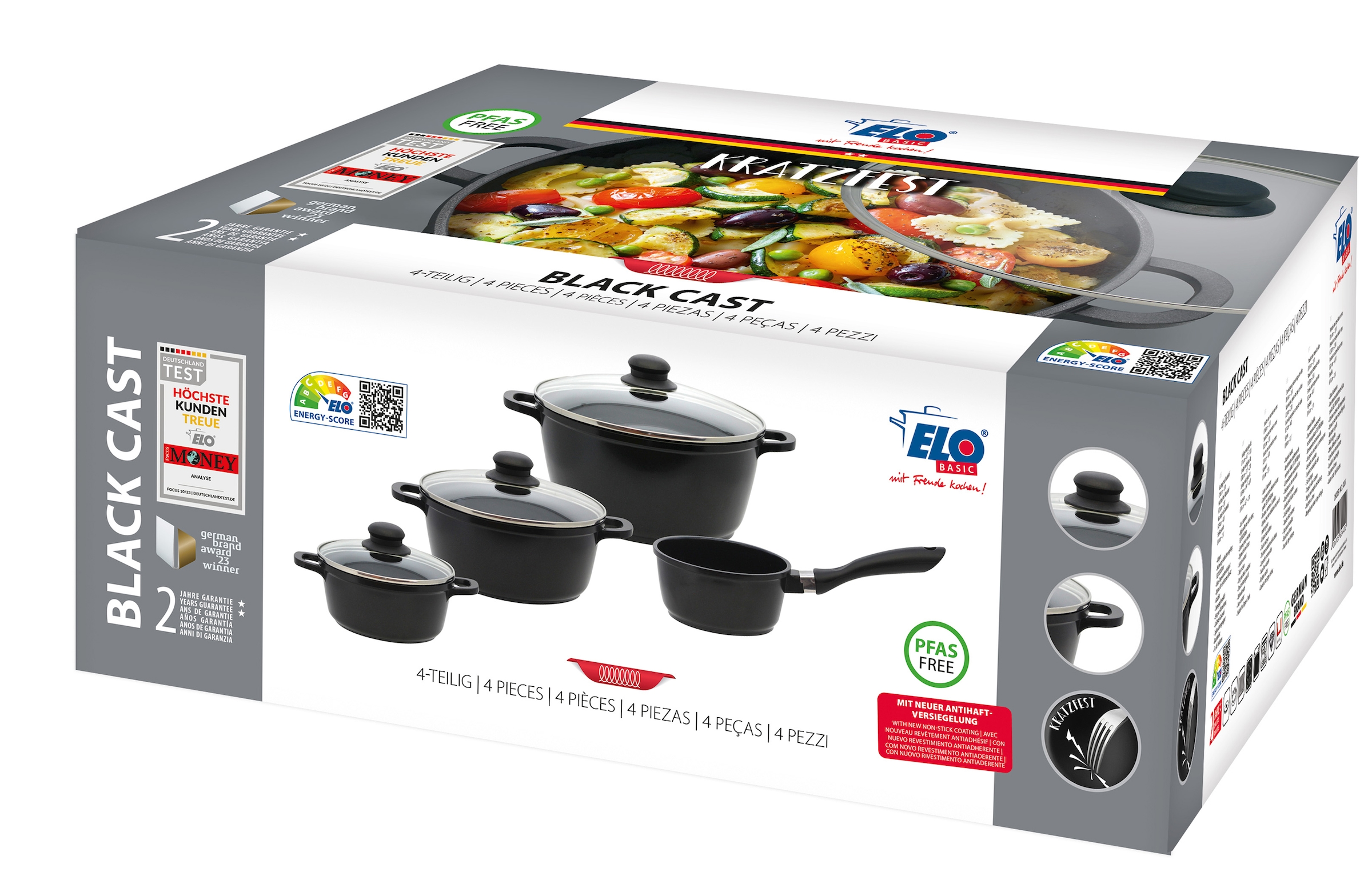 Elo Basic Topf-Set »Black Cast«, Aluminiumguss, (Set, 7 tlg., 3 Töpfe mit Deckel, 1 Stielkasserolle), mit hochwertiger Antihaftversiegelung, Induktion