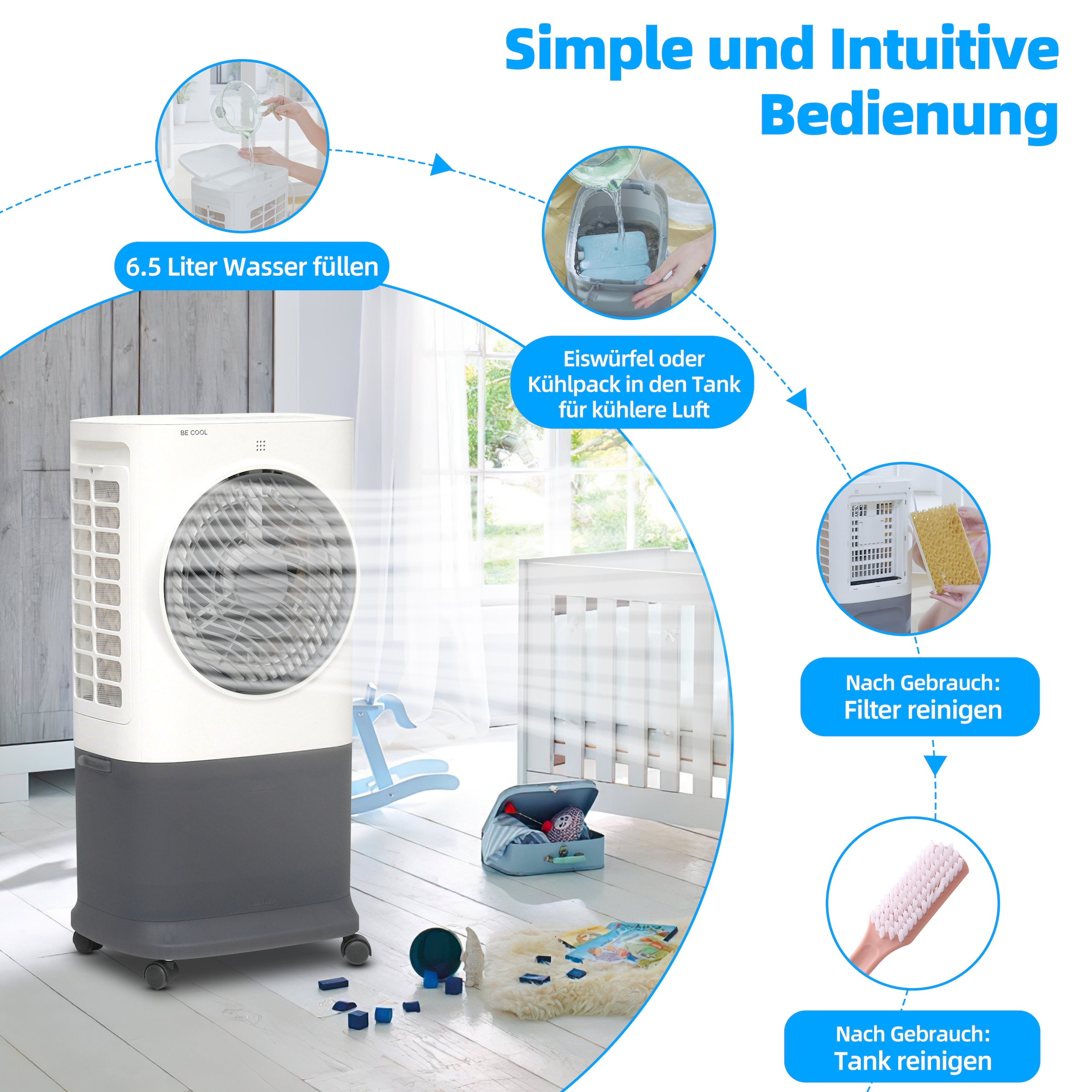 be cool Ventilatorkombigerät »Premium Luftkühler mit mit Wifi und 6,5l Wassertank«, abnehmbarer Wassertank, von oben befüllbar, WiFi