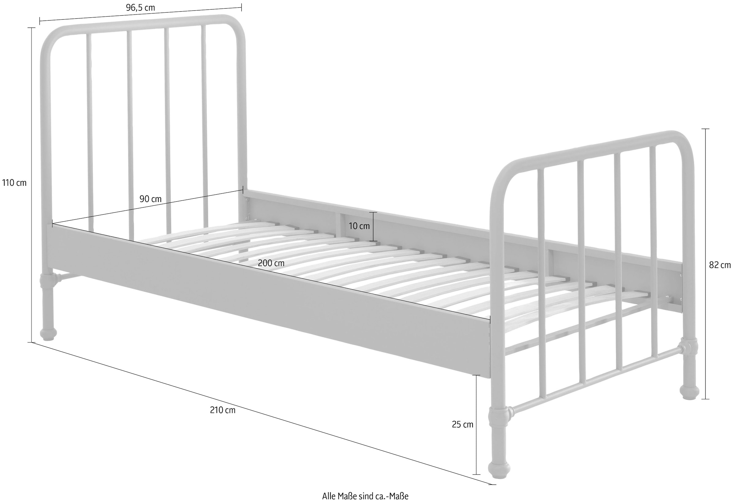 Vipack Jugendbett »Bronxx, Einzelbett 90/200, sehr stabil, romantische Optik«, (B/H/T ca. 96,5x110x206cm, inkl. Lattenrost, Bodenfreiheit), Oberfläche pulverbeschichtet, verschiedene Farben zur Wahl