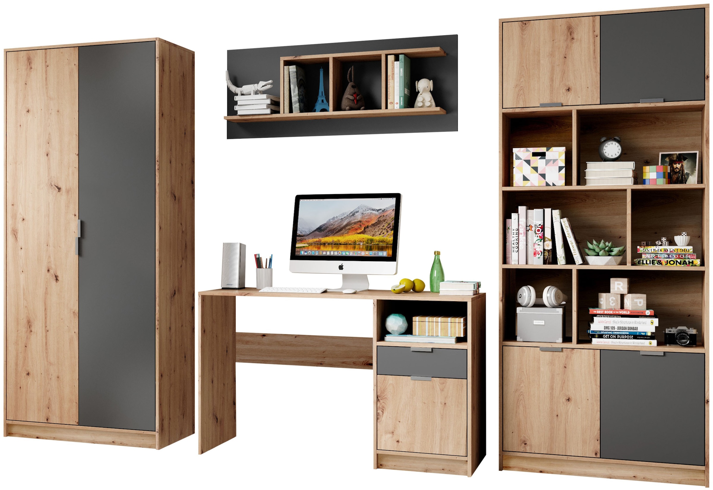 Jugendzimmer-Set »Karla Kleiderschrank, Schreibtisch, Hängeregal, Standregal«, (Set, 4...