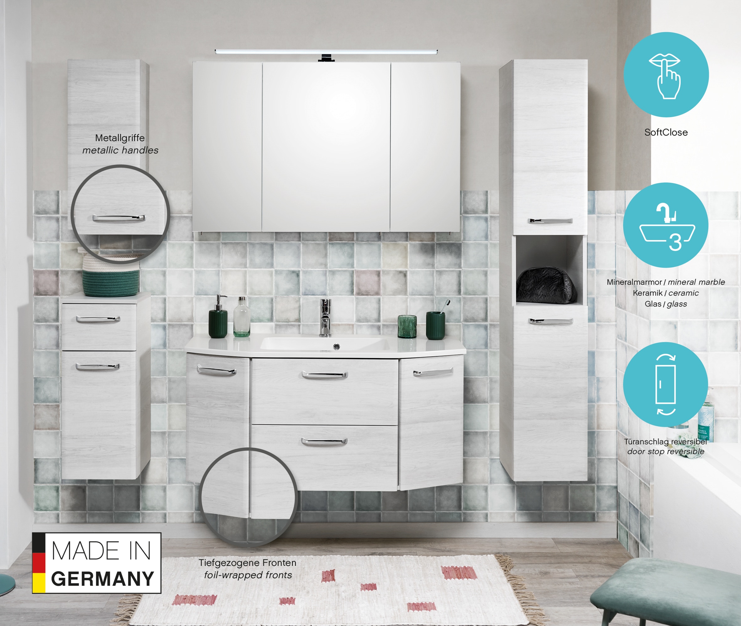 Saphir Badmöbel-Set »Quickset 936 5-teilig, mit Glaswaschbecken und LED-Spiegelschrank« Set, 5 Stk. tlg.