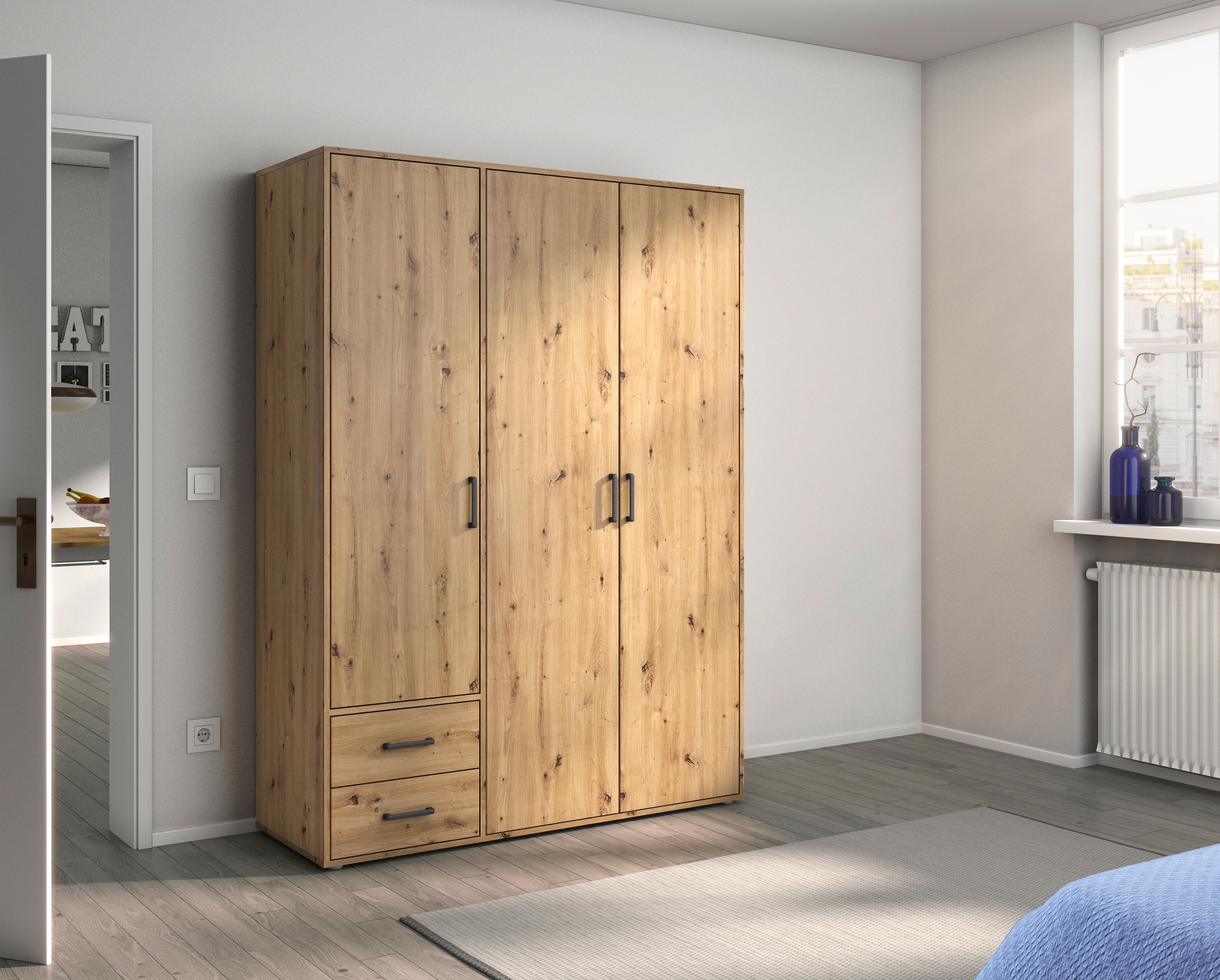 rauch Drehtürenschrank »Kleiderschrank Schrank Garderobe Wäscheschrank VOYAGER«, moderne Griffe in Graumetallic mit Außenschubkästen MADE IN GERMANY