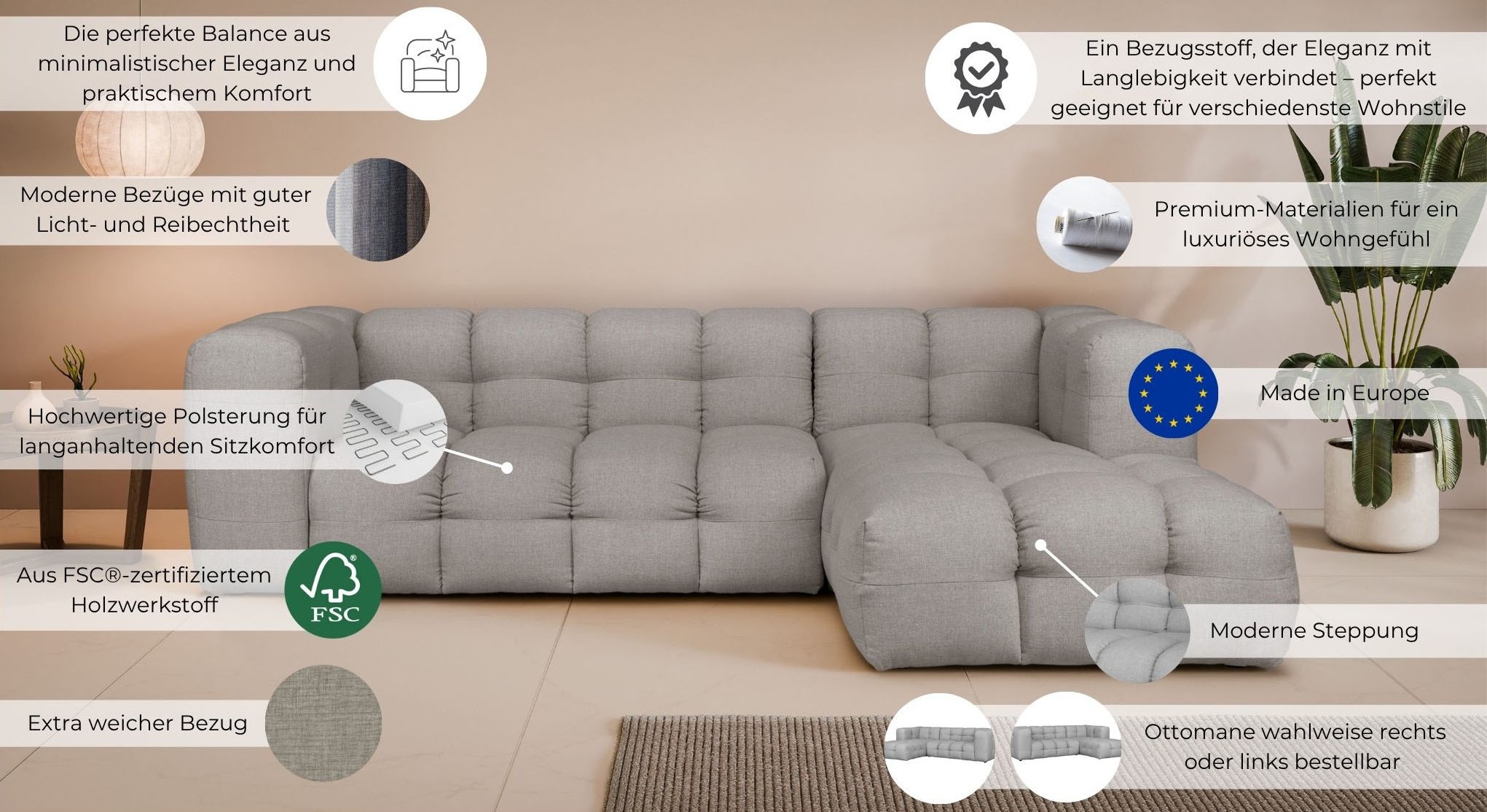 LeGer Home by Lena Gercke Ecksofa »TALISHA L-Form Designersofa, moderne Steppung, B/T/H: 276/178/75 cm«, moderne Steppung, hoher Sitzkomfort