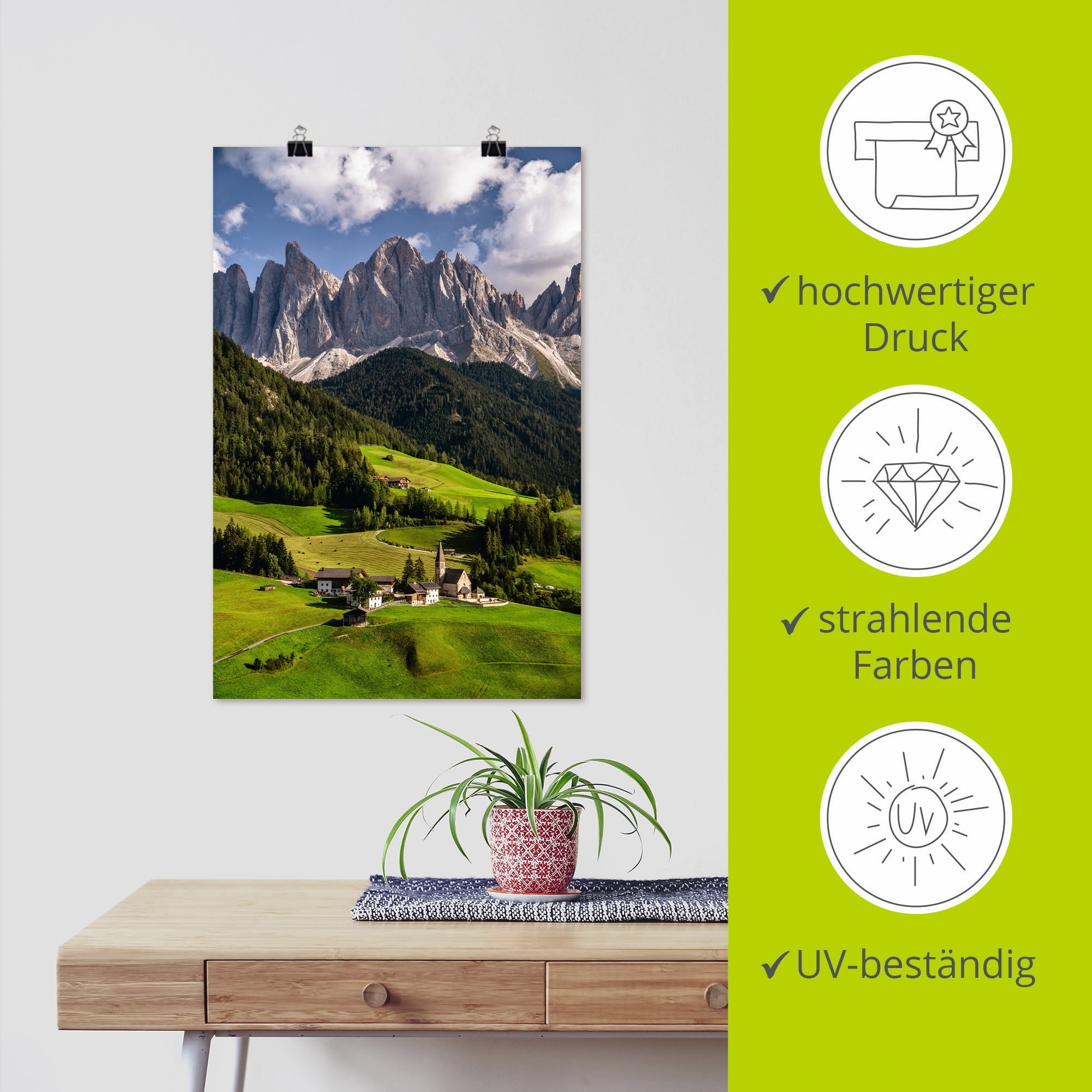 Artland Poster »Sommer in Südtirol in den Dolomiten«, Berge & Alpenbilder, (1 St.), als Alubild, Leinwandbild, Wandaufkleber oder Poster in versch. Größen