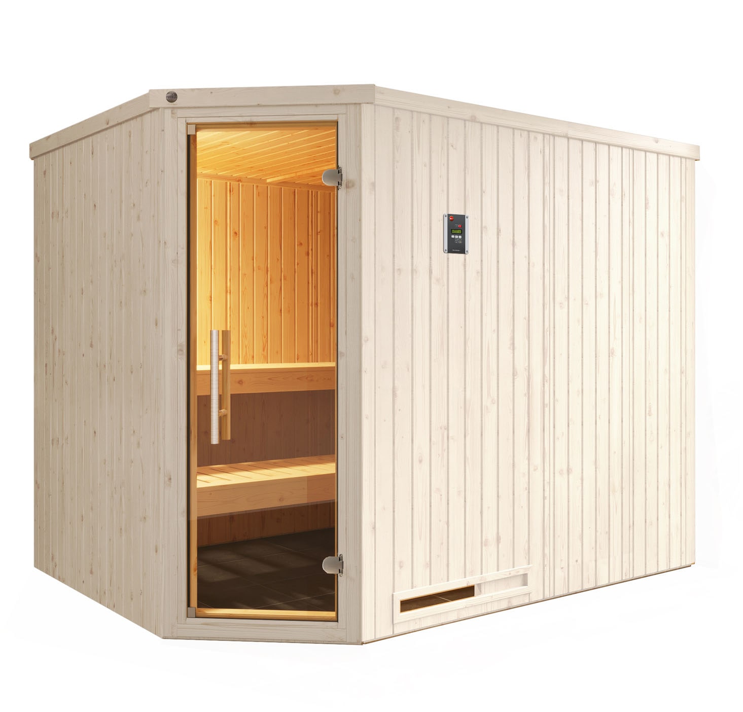 weka Sauna "Element-Ecksauna VARBERG 4" vorgefertigte Elemente, moderne Ganzglastür
