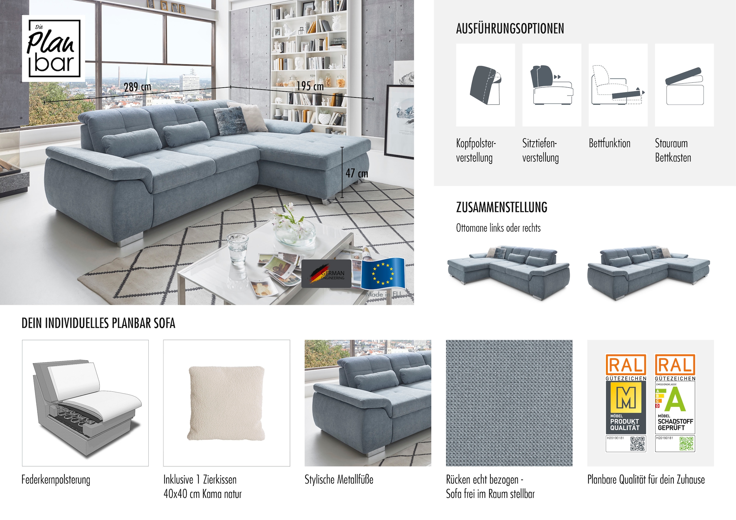 Die PlanBar Ecksofa »MP-IN16037 L-Form, Breite 289 cm, mit Kaltschaum-Polsterung« mit Sitztiefenverstellung & Zierkissen