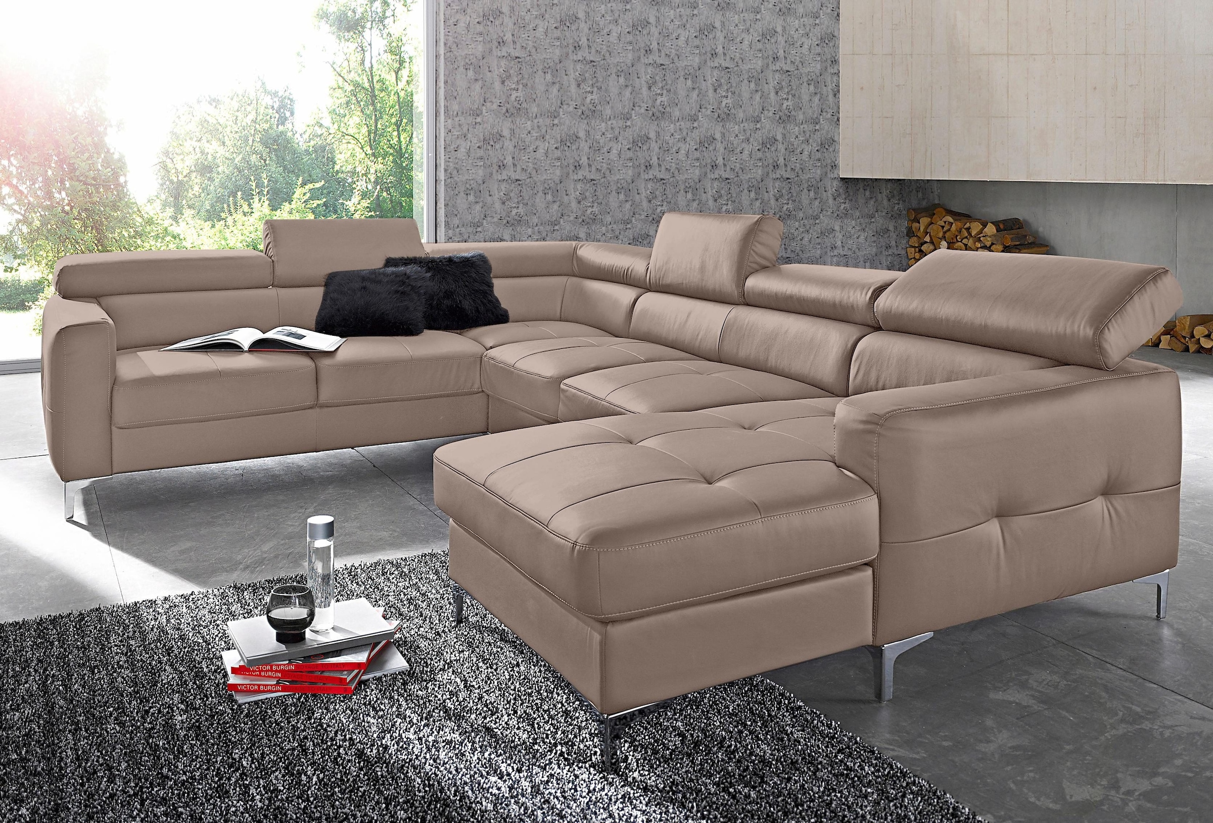 COTTA Polstergarnitur »Sammy«, (Set, Tiefe der Recamiere 169 cm), Set: bestehend aus Wohnlandschaft und Hocker, wahlweise Bettfunktion