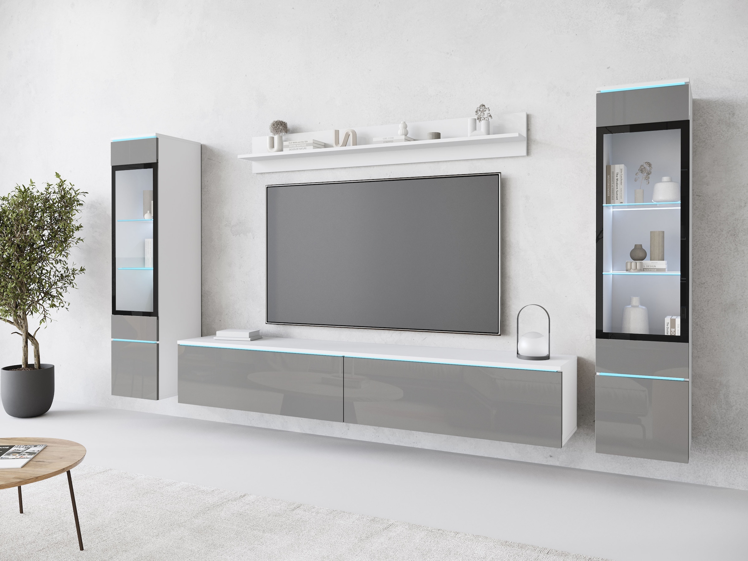 INOSIGN Wohnwand »VERA II, Vitrinen Türanschlag wechselbar«, (Komplett-Set, 4 St.), Mediawand 260 cm, Vitrine mit Verglasung, stehend und hängend
