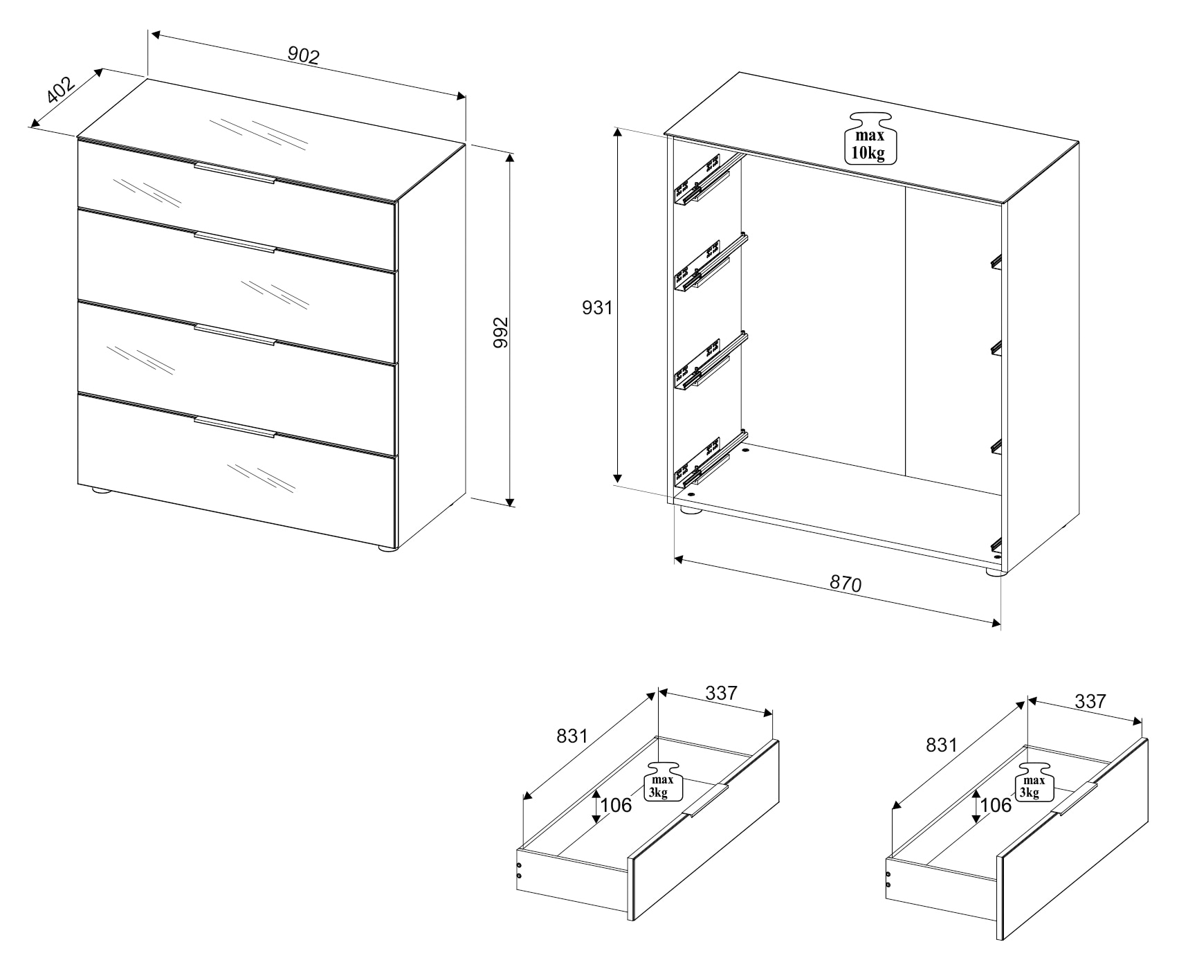 HBZ Kommode »Santorin Mehrzweckschrank mit Schubkästen, BxHxT 90x99x40 cm«, (1 St.), Mit 4 Schubkästen mit Softclose, Glasfront und Glasoberboden