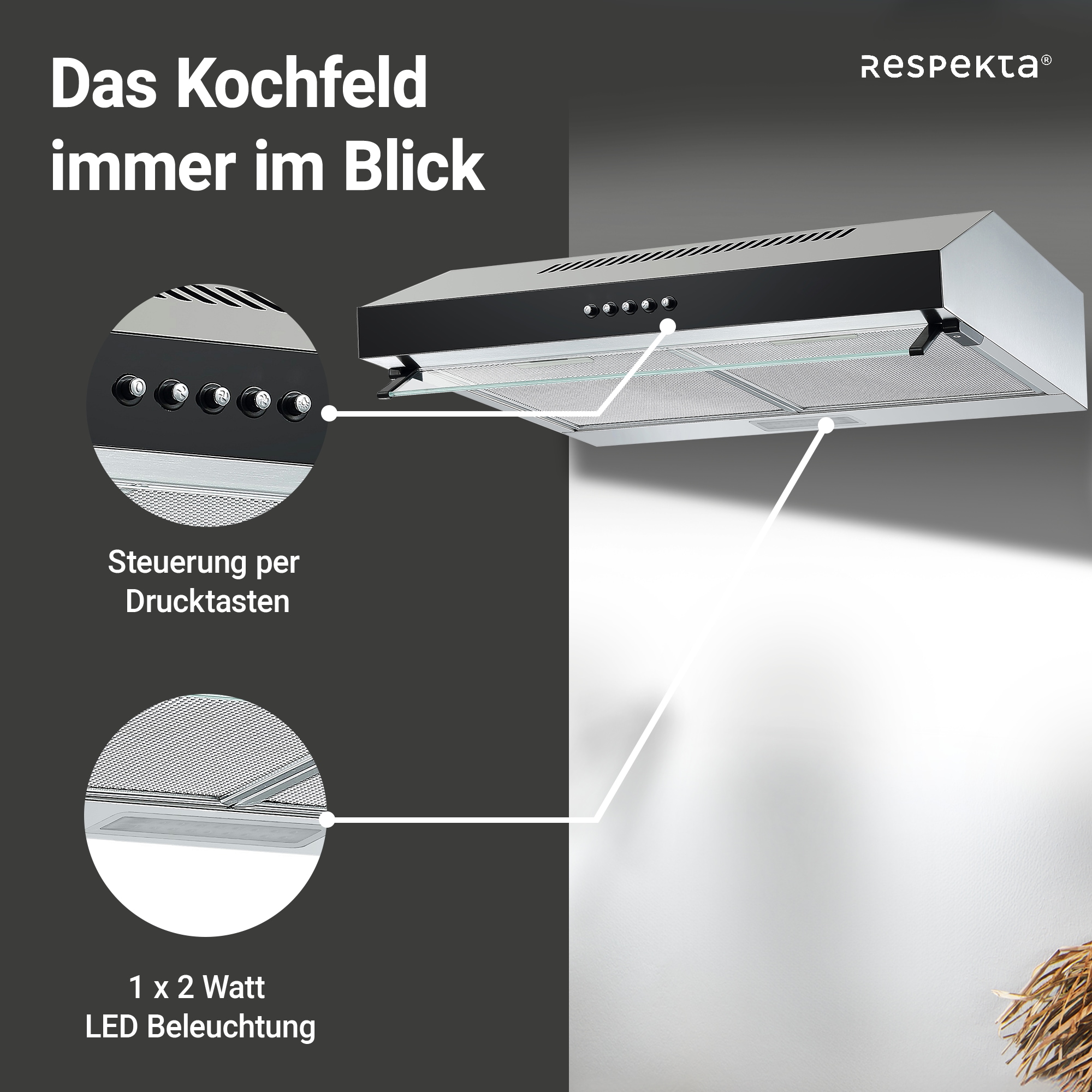 RESPEKTA Unterbauhaube »CH 16060 SGB«, 60 cm, 3 Leistungsstufen, LED-Beleuchtung, Ab- und Umluftfähig