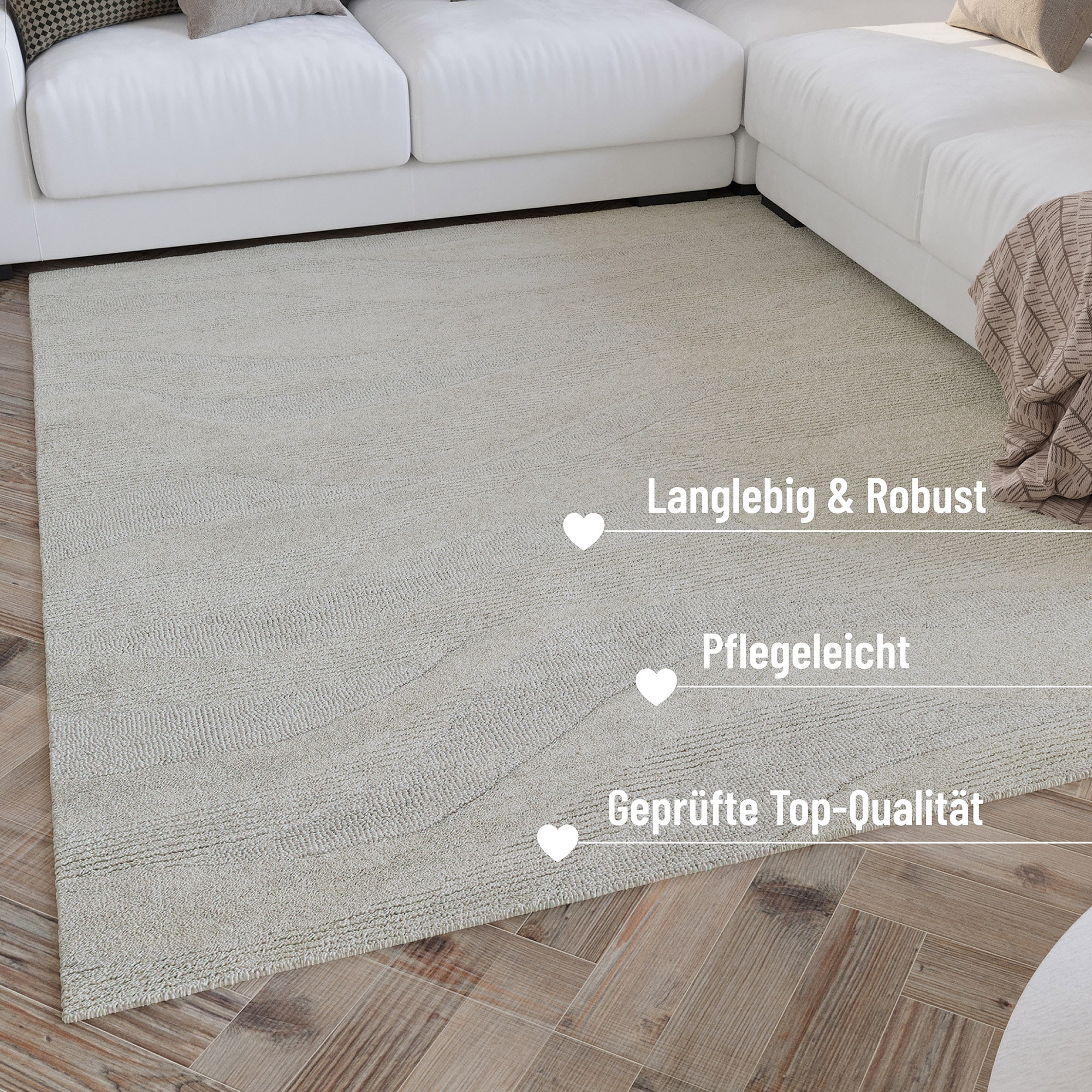 Wecon home Wollteppich »Hamptons THIRTYFOUR«, rechteckig, 15 mm Höhe, Läufer, Schurwolle, Kurzflor, Wohnzimmer, Schlafzimmer, Wellen