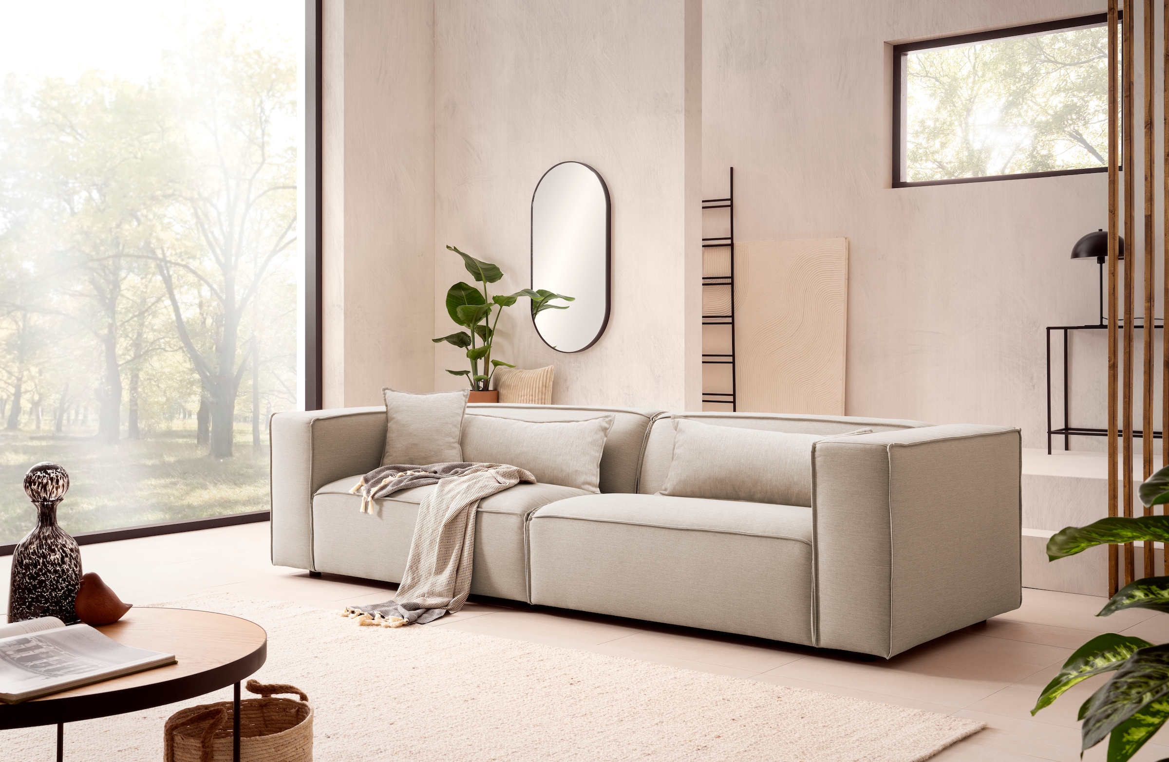 LeGer Home by Lena Gercke 3-Sitzer »PIARA, Couch mit Kedernaht, Sofa in Cord oder Leinenoptik«, schwarze Füße, bequemer Sitzkomfort