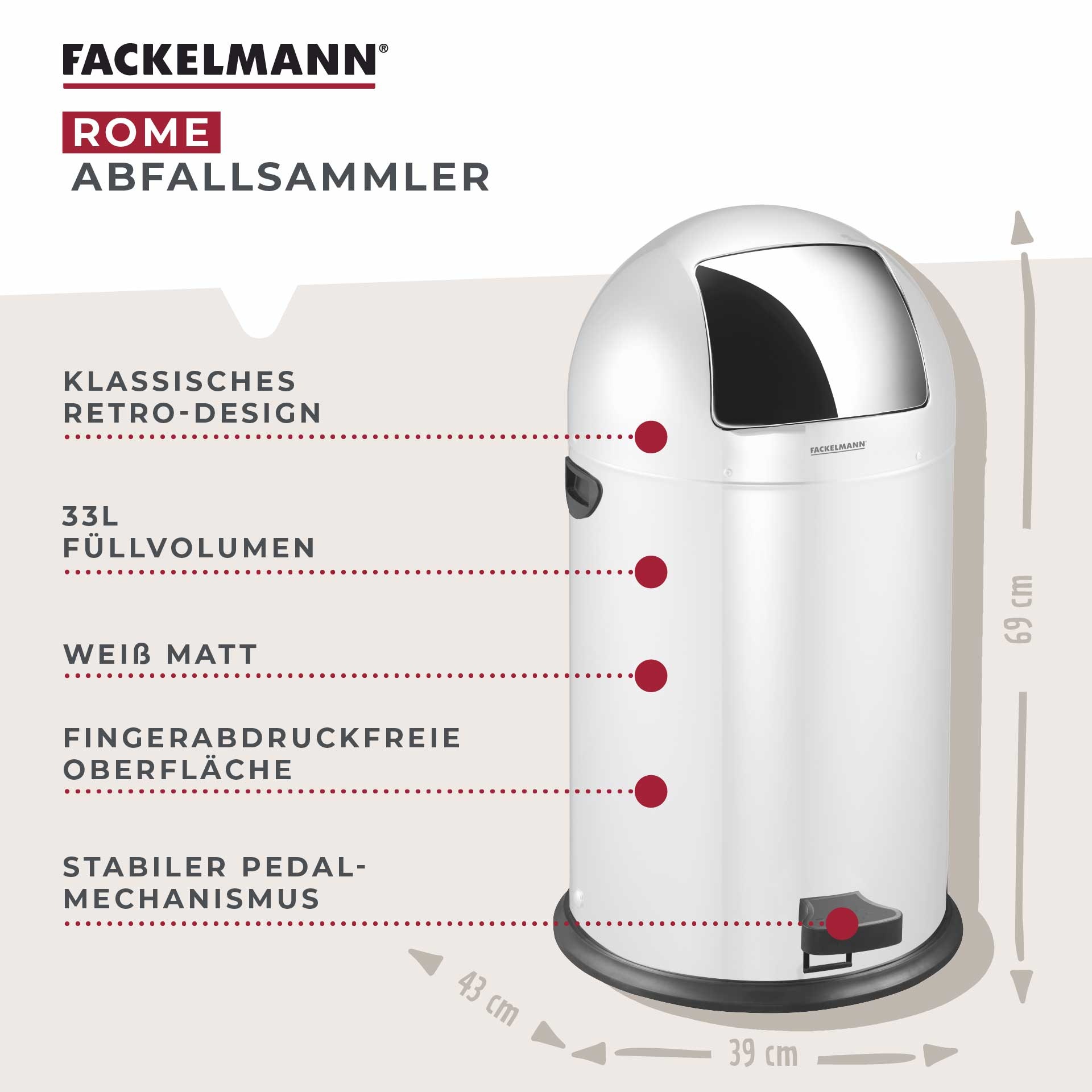 FACKELMANN Mülleimer »ROME, Pedal-Abfalleimer 33L« 1 Behälter Retro-Design, mit robustem Pedalmechanismus und Edelstahl-Inneneimer