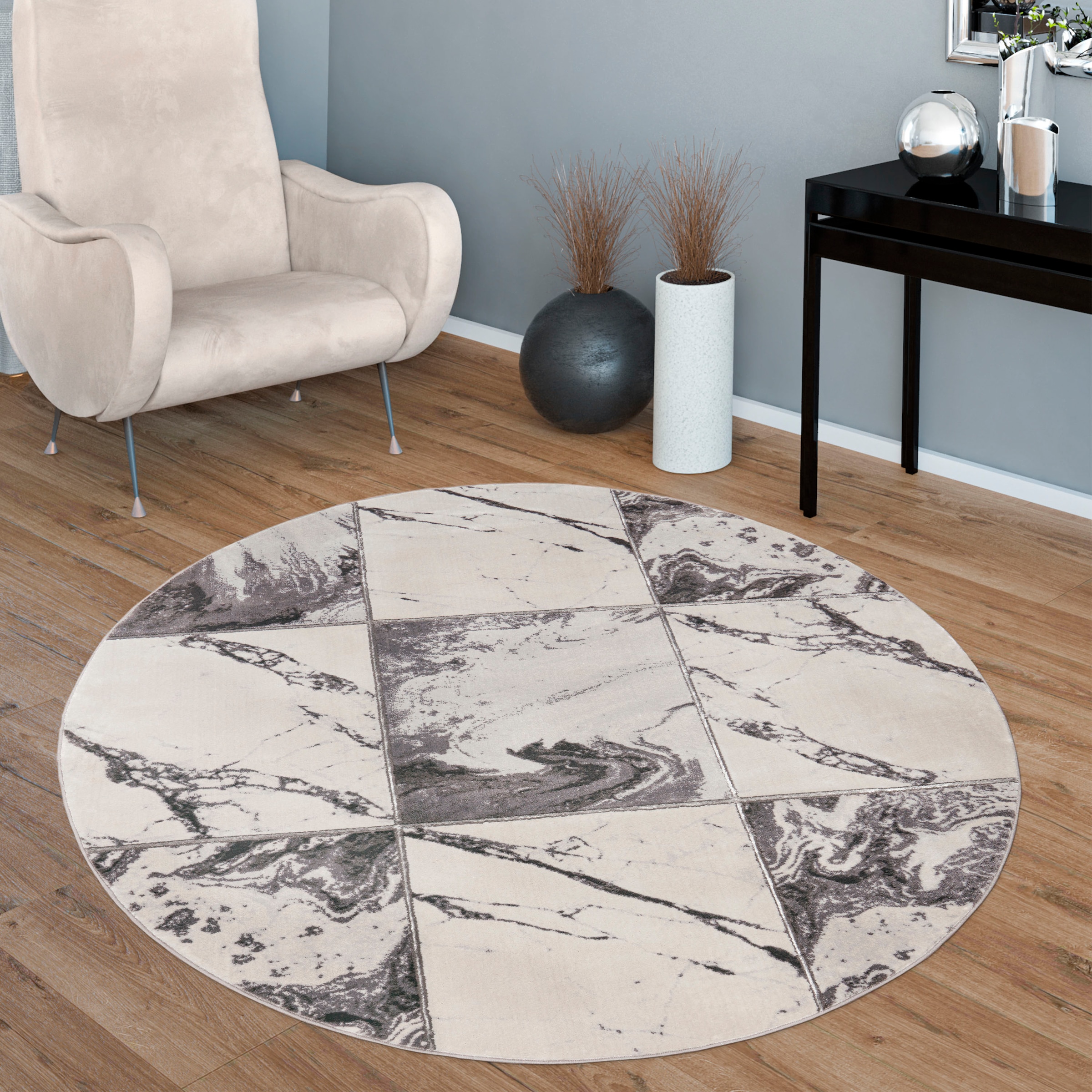 Paco Home Teppich »Kraft 521«, rund, 15 mm Höhe, Kurzflor, kariertes Marmor-Design, gold- oder silberfarbene Akzente