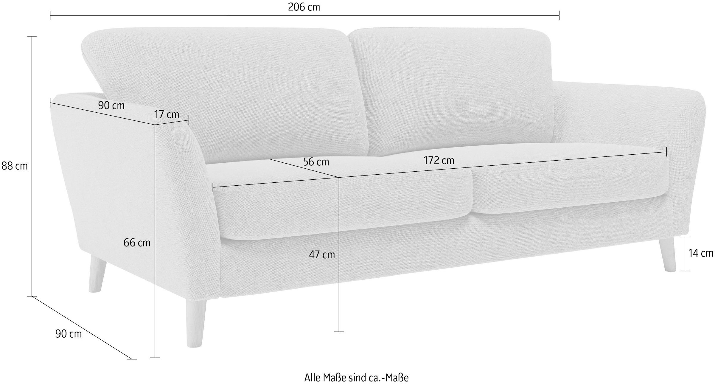 Home affaire 3-Sitzer »MARSEILLE Sofa 206 cm«, mit Massivholzbeinen aus  Eiche, verschiedene Bezüge und Farbvarianten auf Raten kaufen