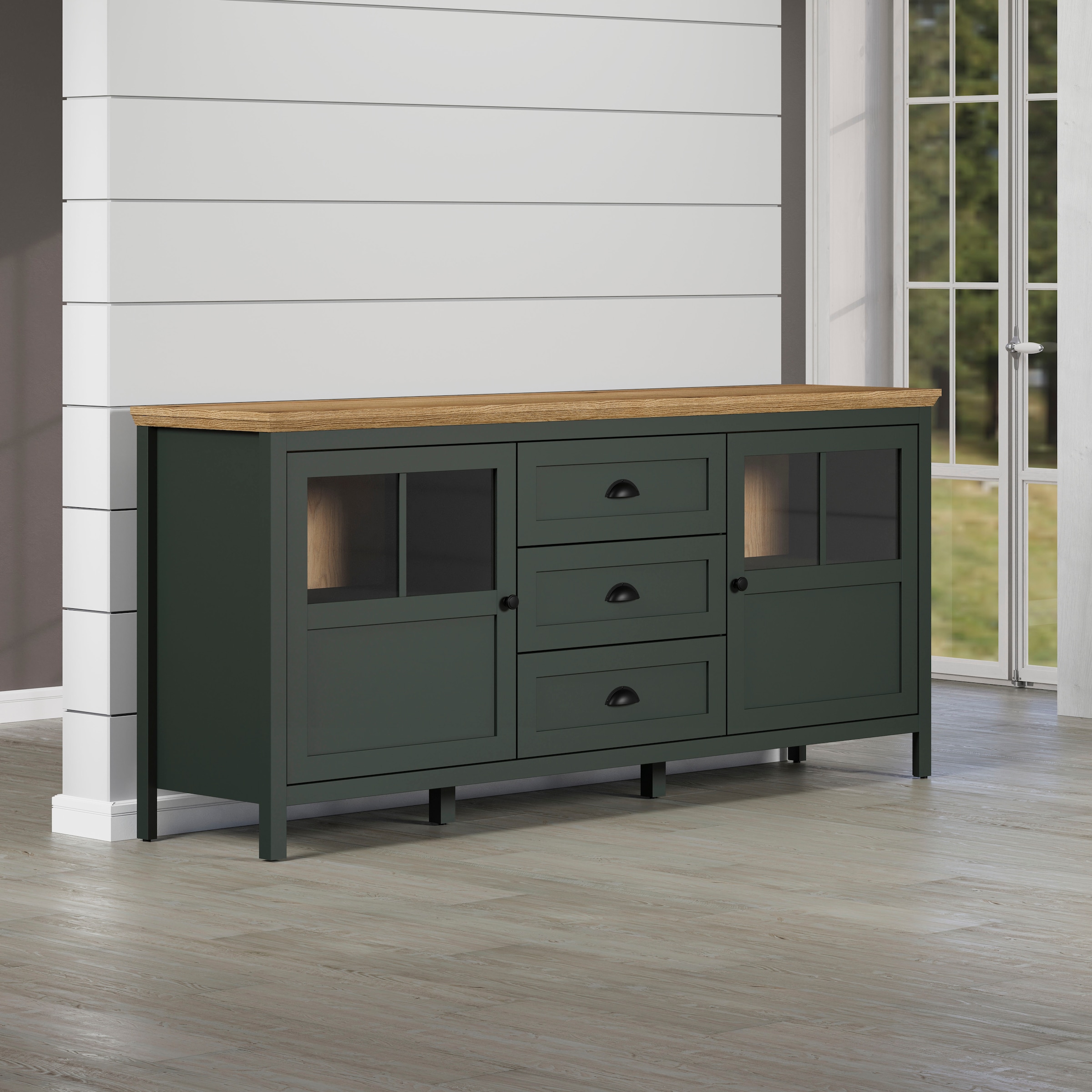 Home affaire Sideboard »Vienna«, (1 St.), Kommode im Landhausstil - Beleuchtung, Glastüren - B/T/H 185/45/86 cm