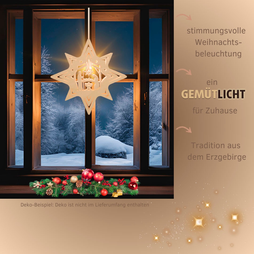 Weigla Dekostern »Christi Geburt, Bethlehem, beleuchtetes Fensterbild, NATUR«, (1 St.), Erzgebirge garantiert, Weihnachtsdeko Innen, Weihnachtsbeleuchtung