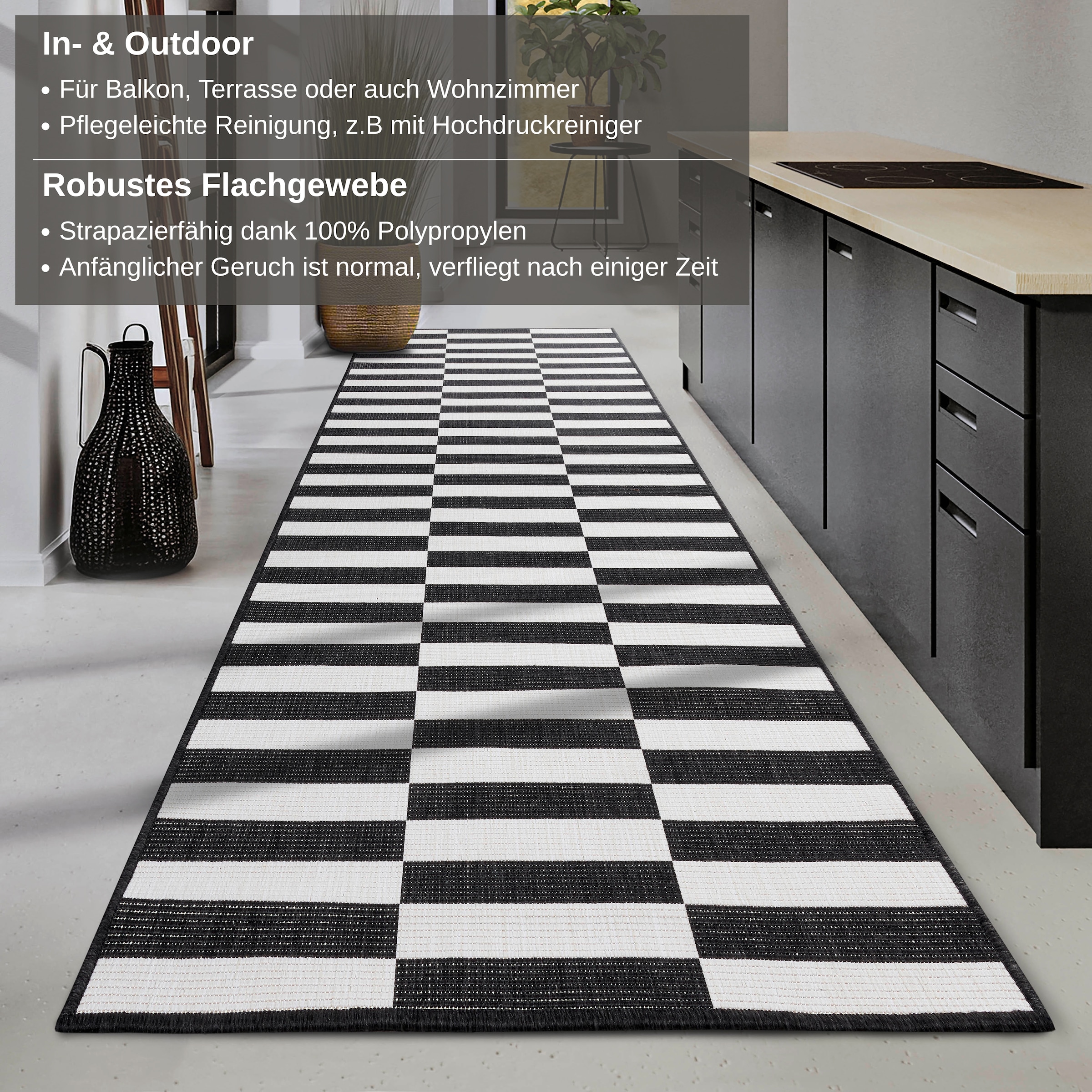 my home Teppich »Viela  Outdoor Wendeteppich, auch als Läufer erhältlich«, rechteckig, 5 mm Höhe, schwarz weiß, Flachgewebe, Balkon, Wohnzimmer, In-Outdoor, wasserfest