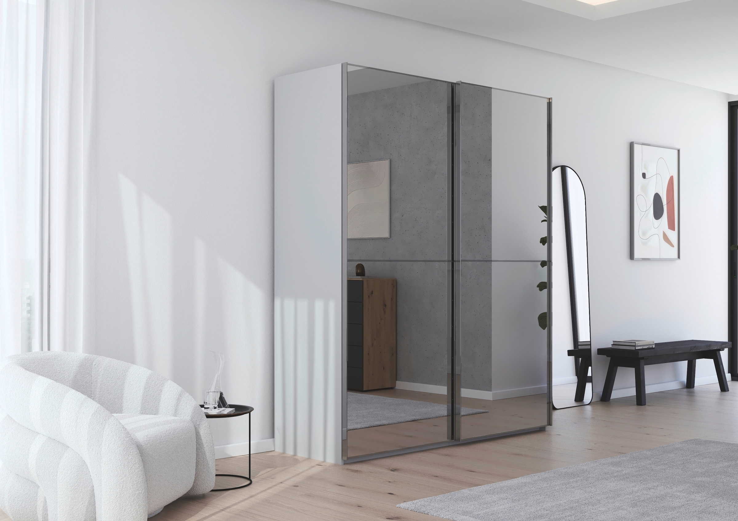 rauch Schwebetürenschrank »Kleiderschrank Schrank Garderobe Schlafzimmerschrank SCALE-DUO« edle zweigeteilte Türen Spiegelfront und 3 Zierleisten MADE IN GERMANY