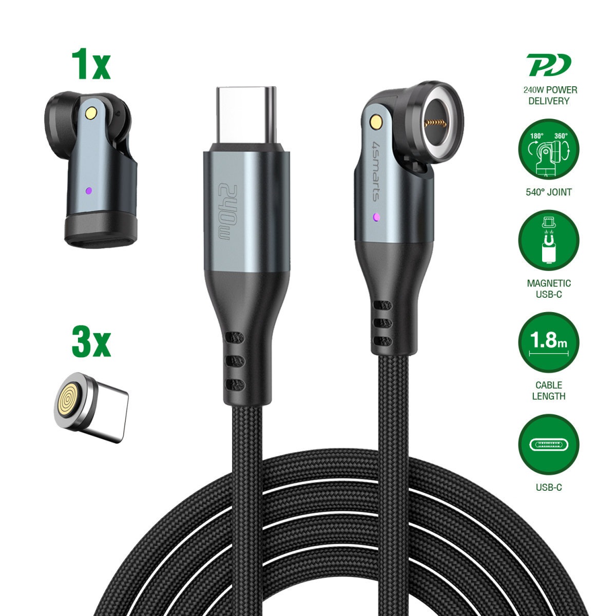 4smarts USB-Kabel »USB-C 540° Magnetkabel-Set GravityCord 240W«, USB Typ C, 180 cm