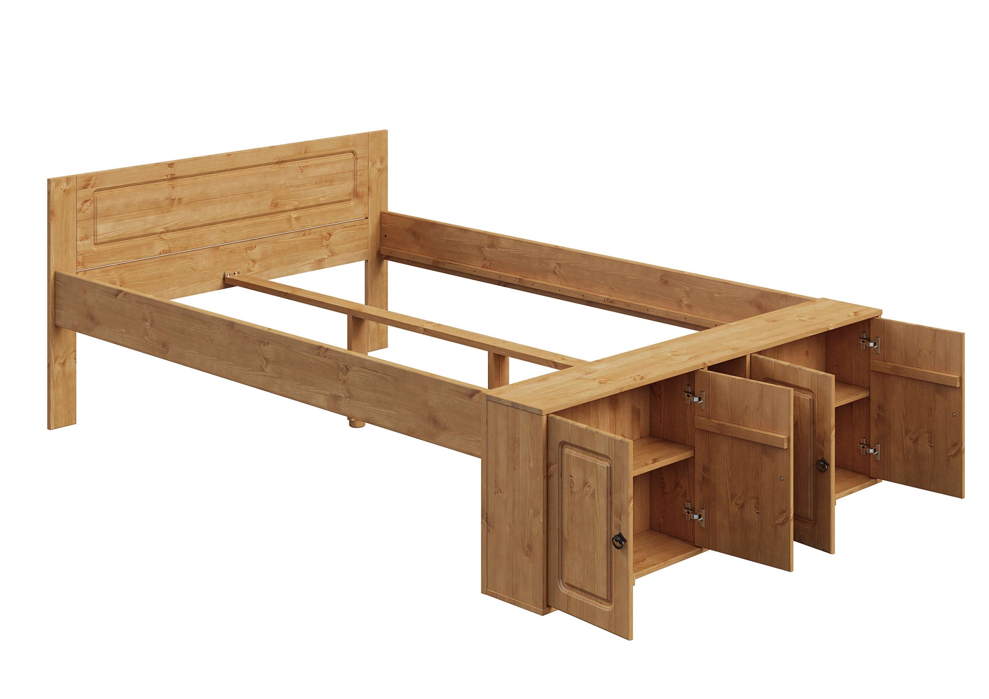 OTTO home Massivholzbett »Paula, mit Türen und Ablage, Schublade optional, Landhausstil« (B/T/H: 148,8/224,4/82 cm,  Massive Kiefer, extra viel Stauraum im Fußteil, FSC®-zertifiziert
