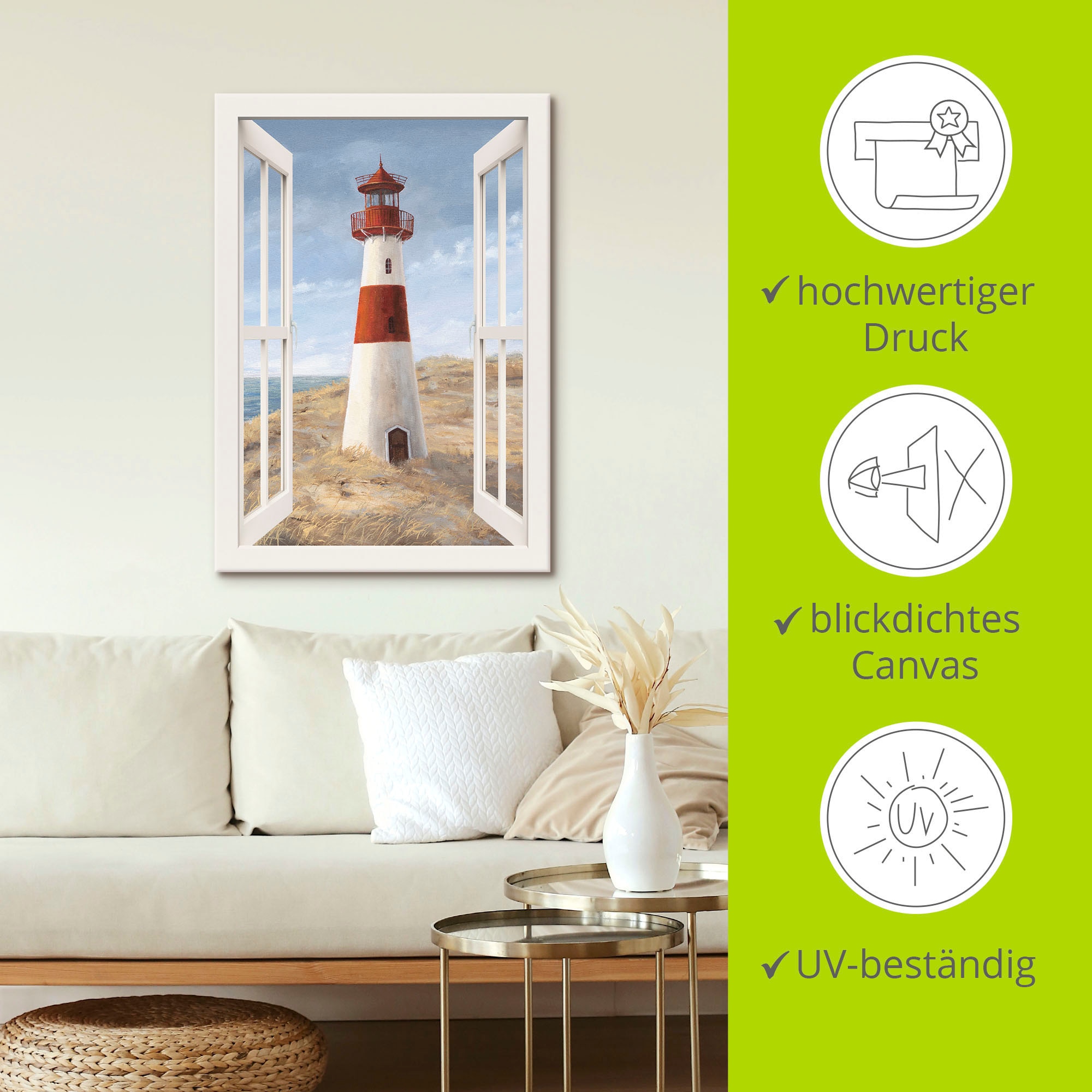 Artland Wandbild »Leuchtturm I Fensterblick«, Gebäude, (1 St.), als Alubild, Outdoorbild, Leinwandbild, Poster in verschied. Größen