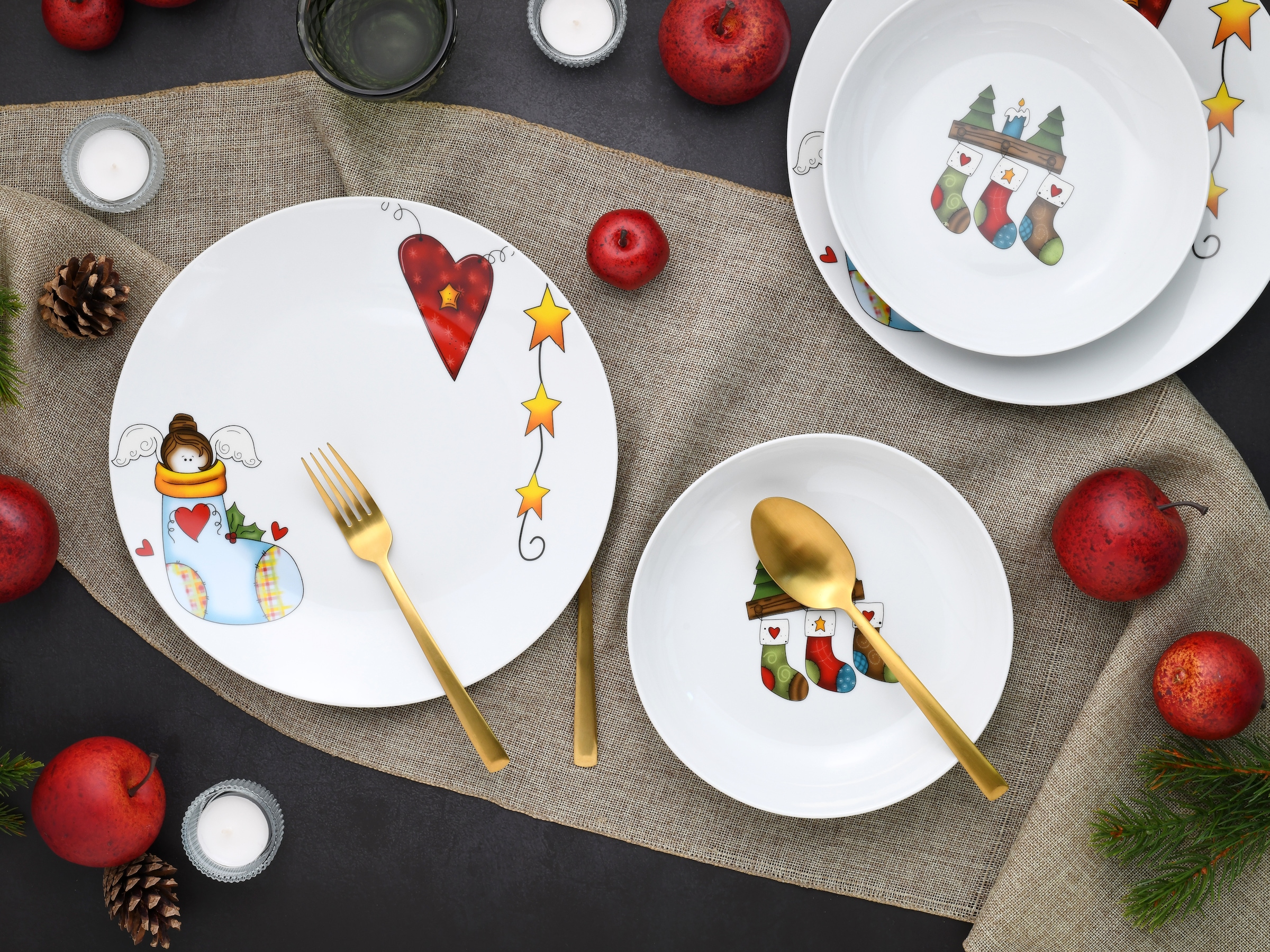 CreaTable Tafelservice »Luna Socken, Tafel-Service 12-tlg« Teller Set, Winterlicher Dekor mit lustigen Sockenmotiven