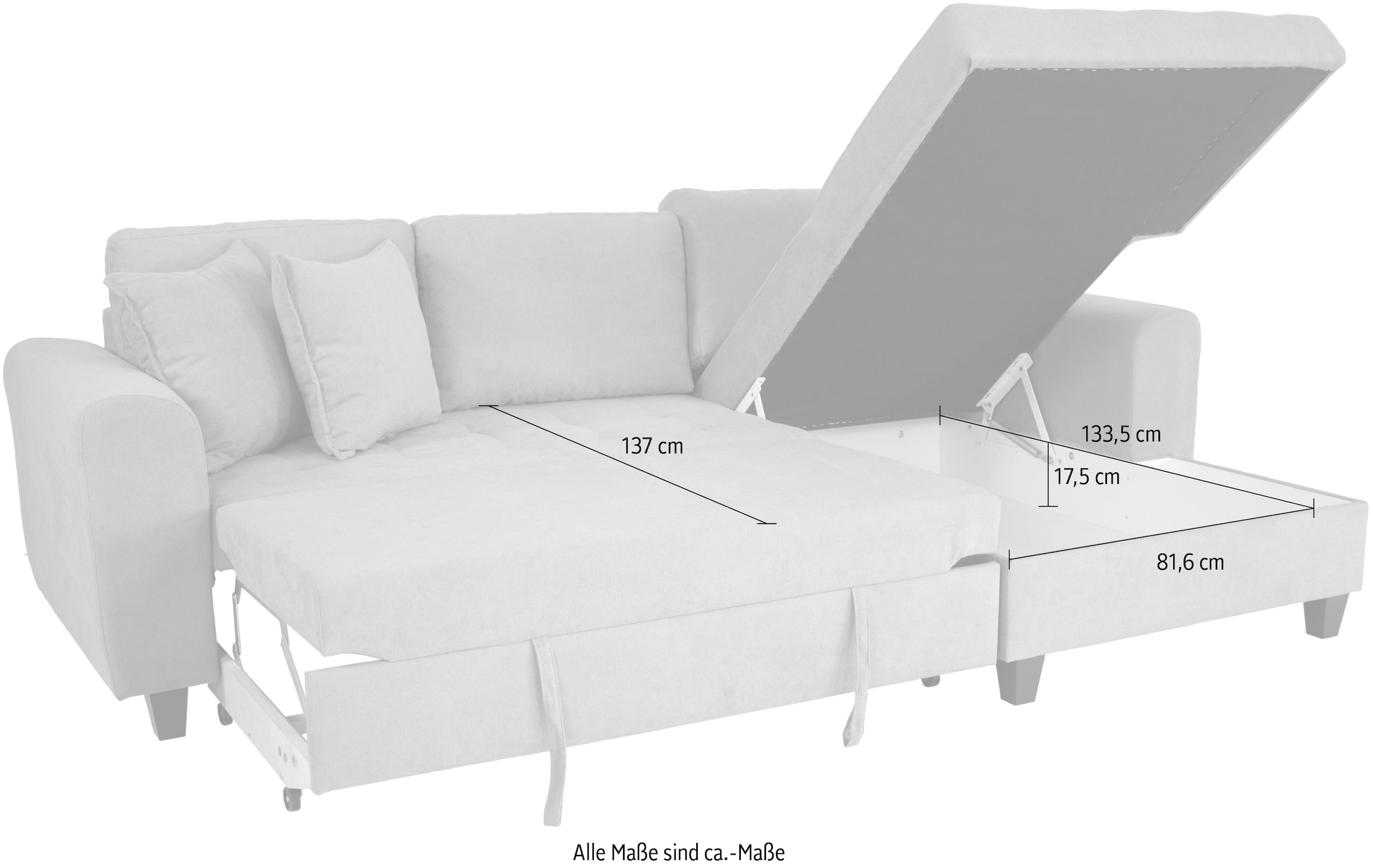 Trends by HG Ecksofa »Moritz, L-Form« inkl. Bettfunktion und Bettkasten, inkl. 2 Zierkissen