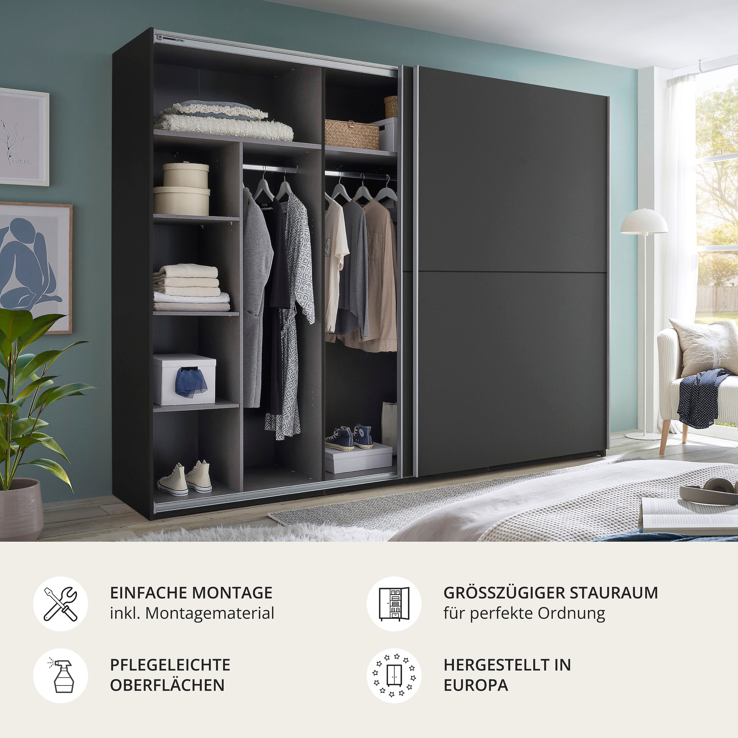 Schlafkontor Schwebetürenschrank »Mesio, 2-türiger Kleiderschrank, Schiebetürenschrank mit viel Stauraum« inklusive Hoteleinteilungen außen und Einlegeböden oben