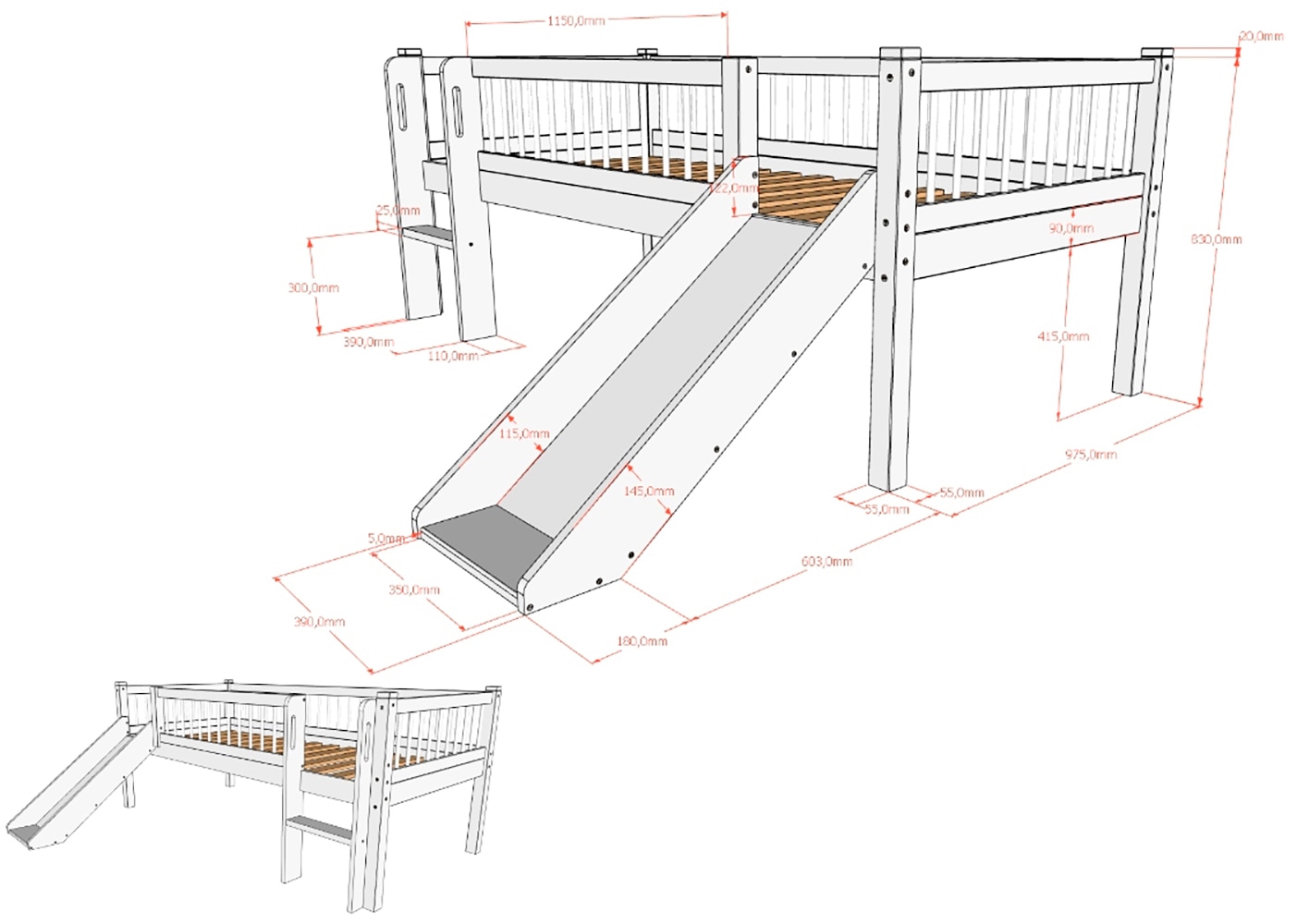 Vipack Massivholzbett »Forrest Made in Europe, stabil und hochwertig gebaut, mit 2 Rollboxen« 90/200 cm, mit Rollrost, Leiter und Rutsche, seitenverkehrt montierbar, 
